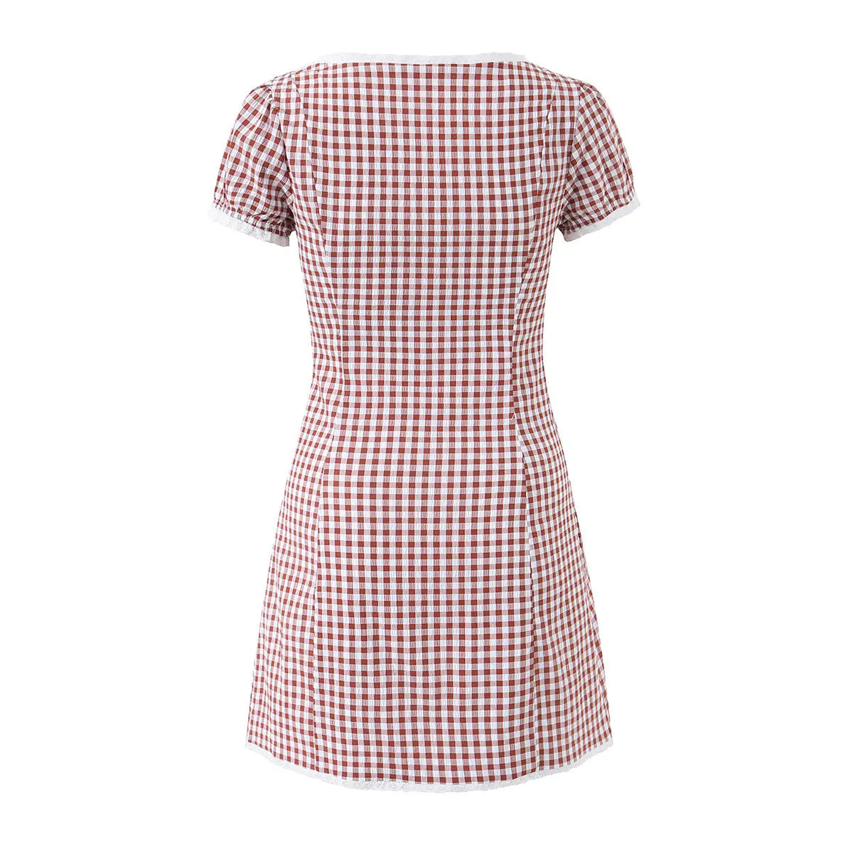 Red gingham square-neck mini dress with lace trim, full back view on white background