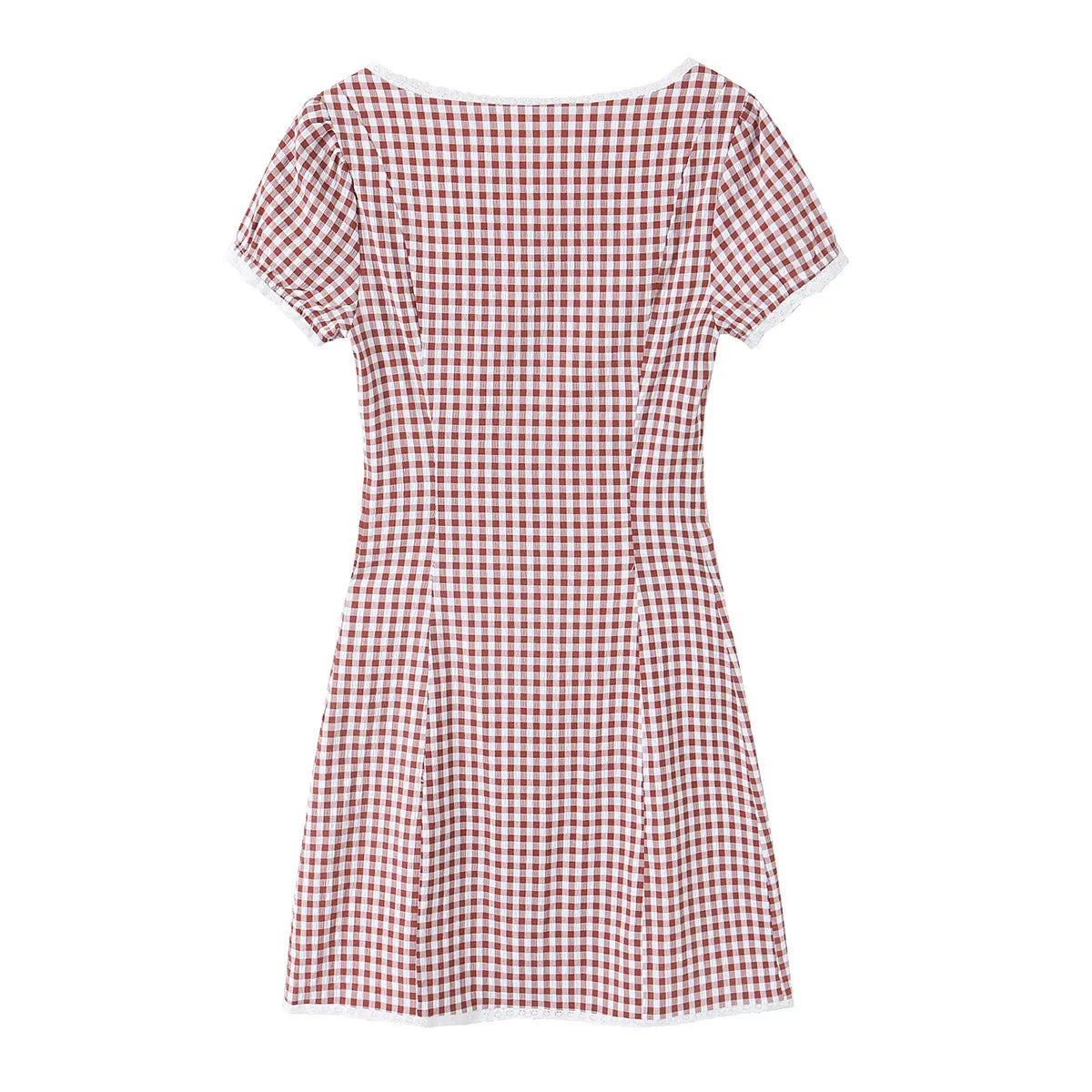 Red gingham square-neck dress with lace trim, clean back view on white background