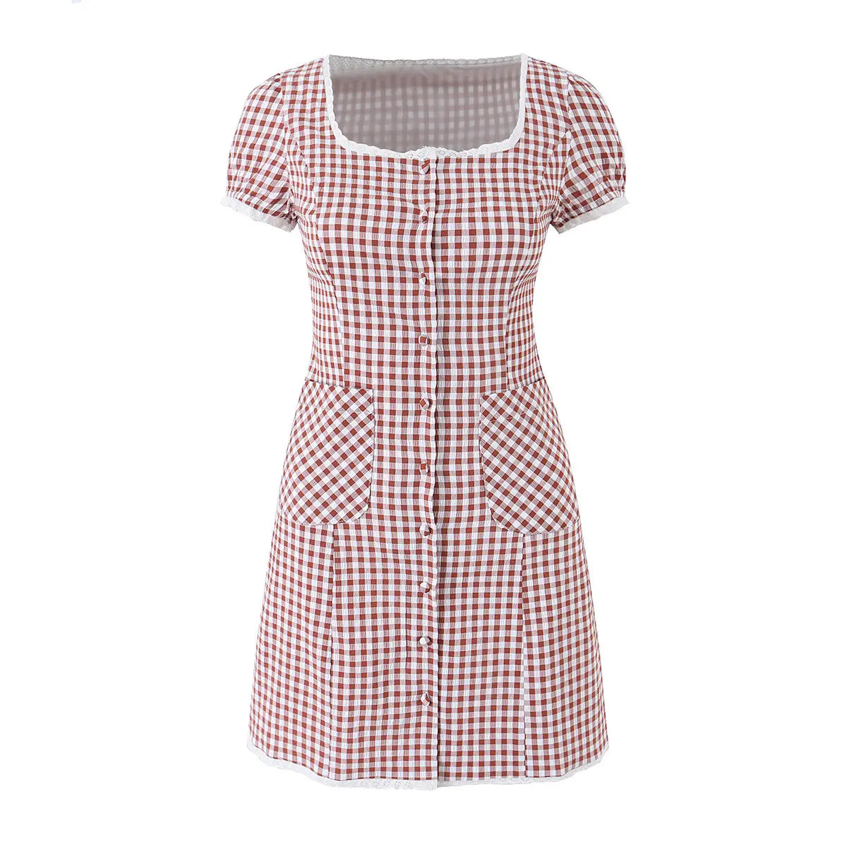 Red gingham square-neck mini dress with lace trim, full front view on white background