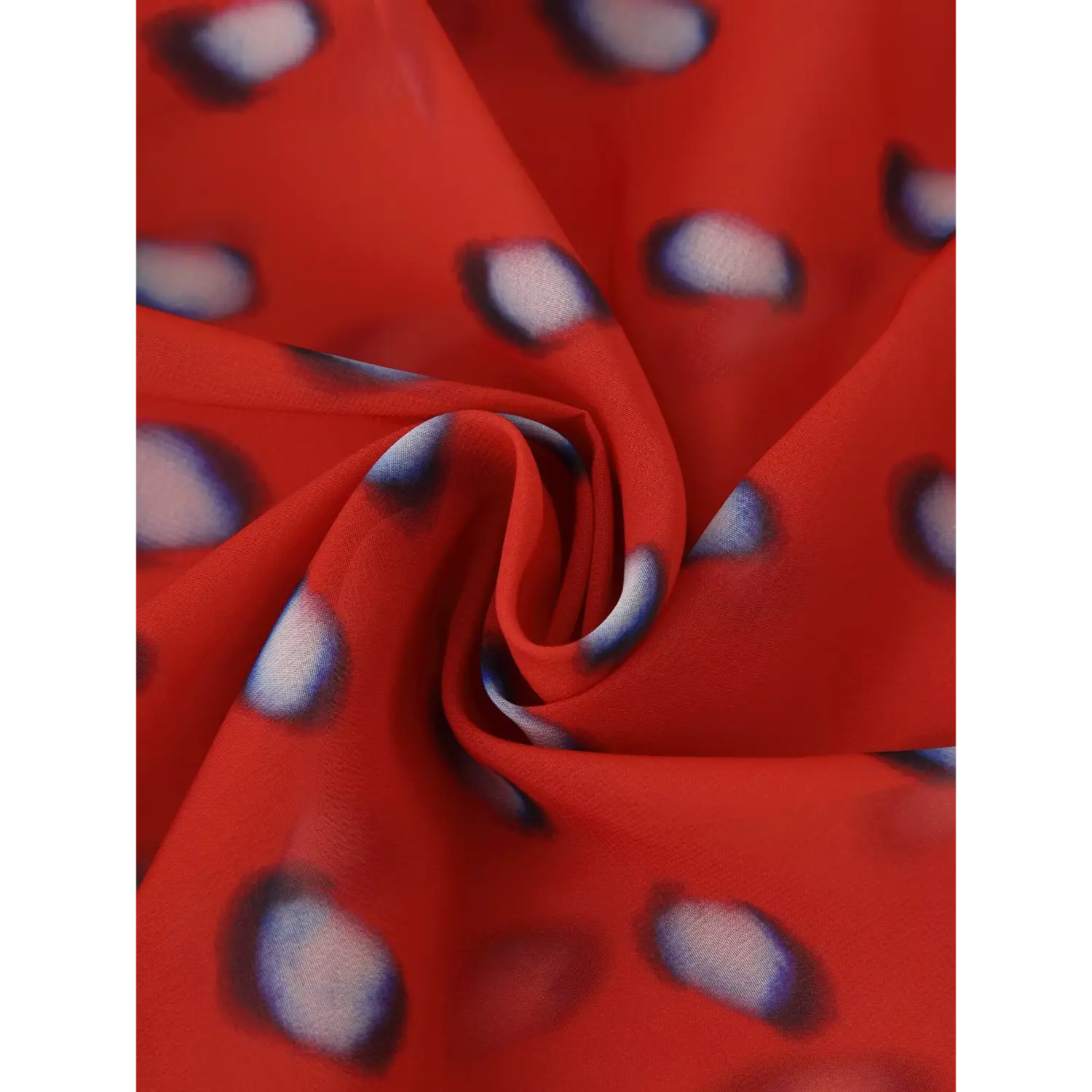 twisted close up soft sheer chiffon fabric red base gradient blue oval dot print lightweight flowy skirt material