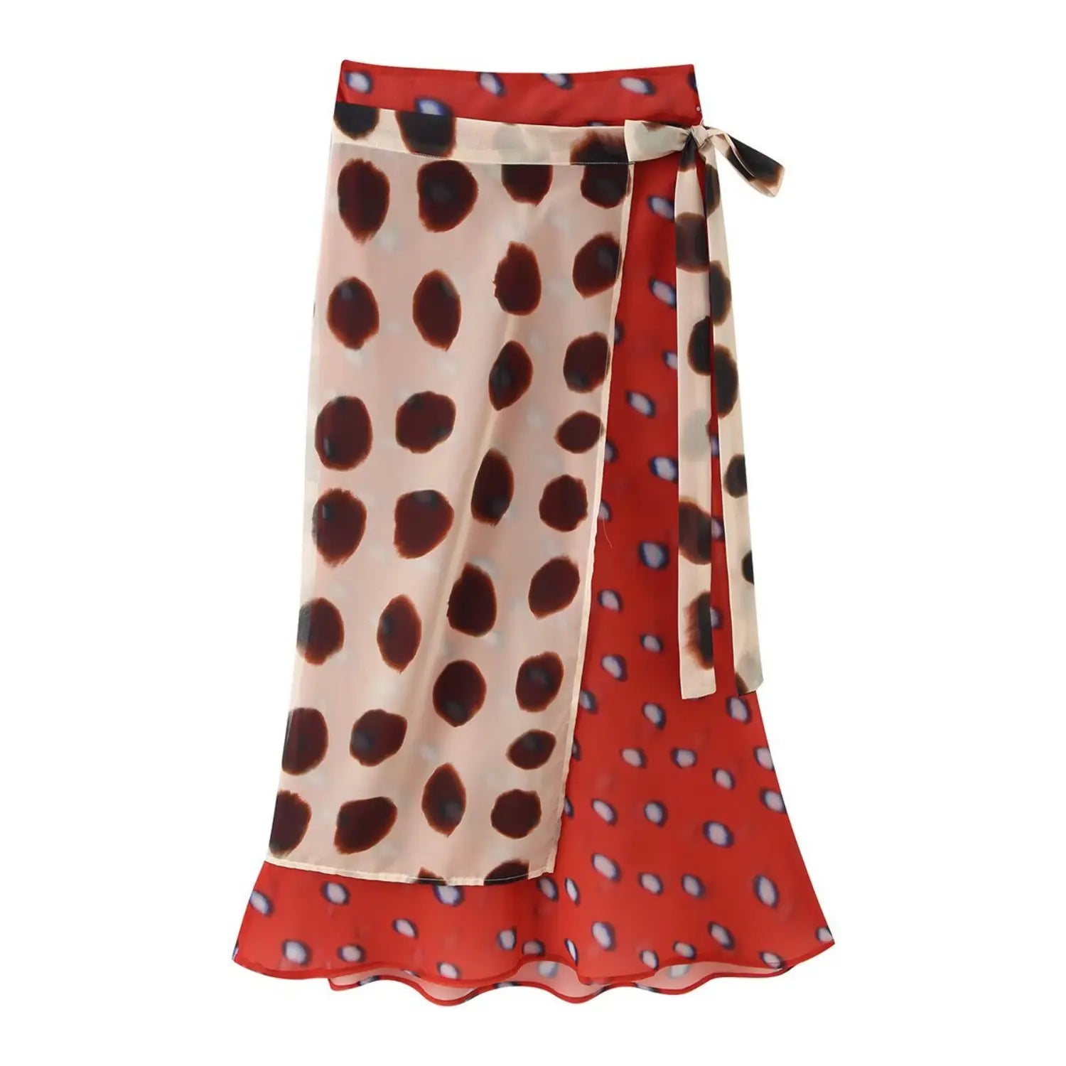 front view red gradient dot print wrap midi skirt with beige leopard spot overlay side tie detail white background