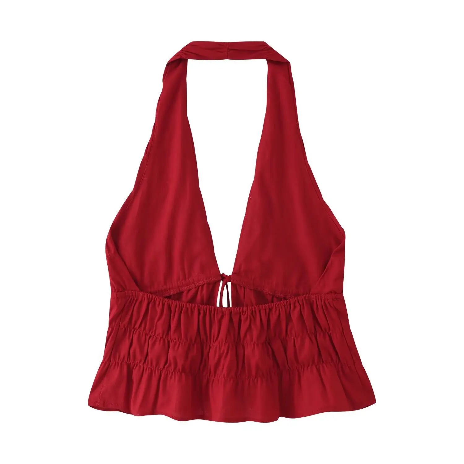 Red halter crop top back view, elastic shirred waist, ruffle hem, isolated white background