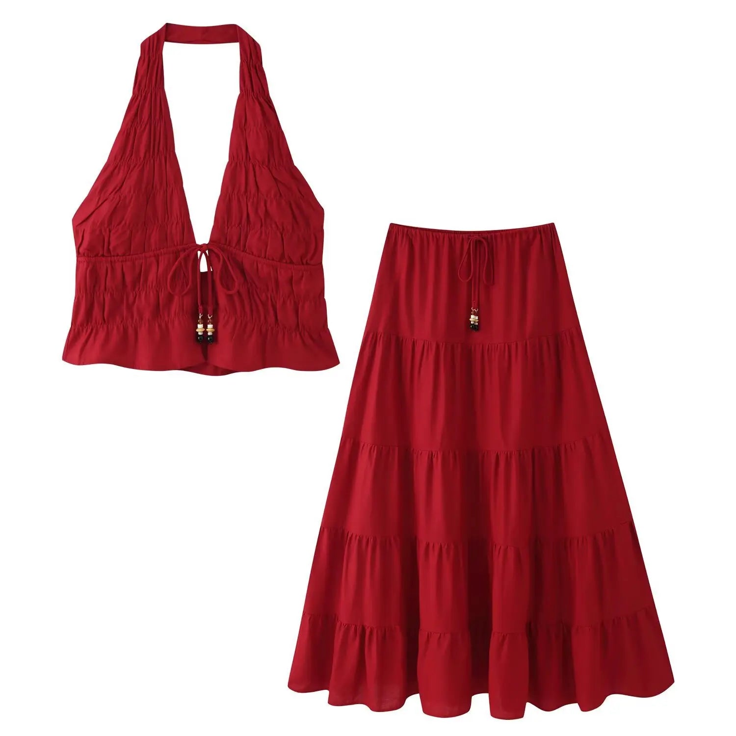 Flat lay of red two piece set, deep v halter neck ruched crop top and tiered ruffle maxi skirt, isolated white background