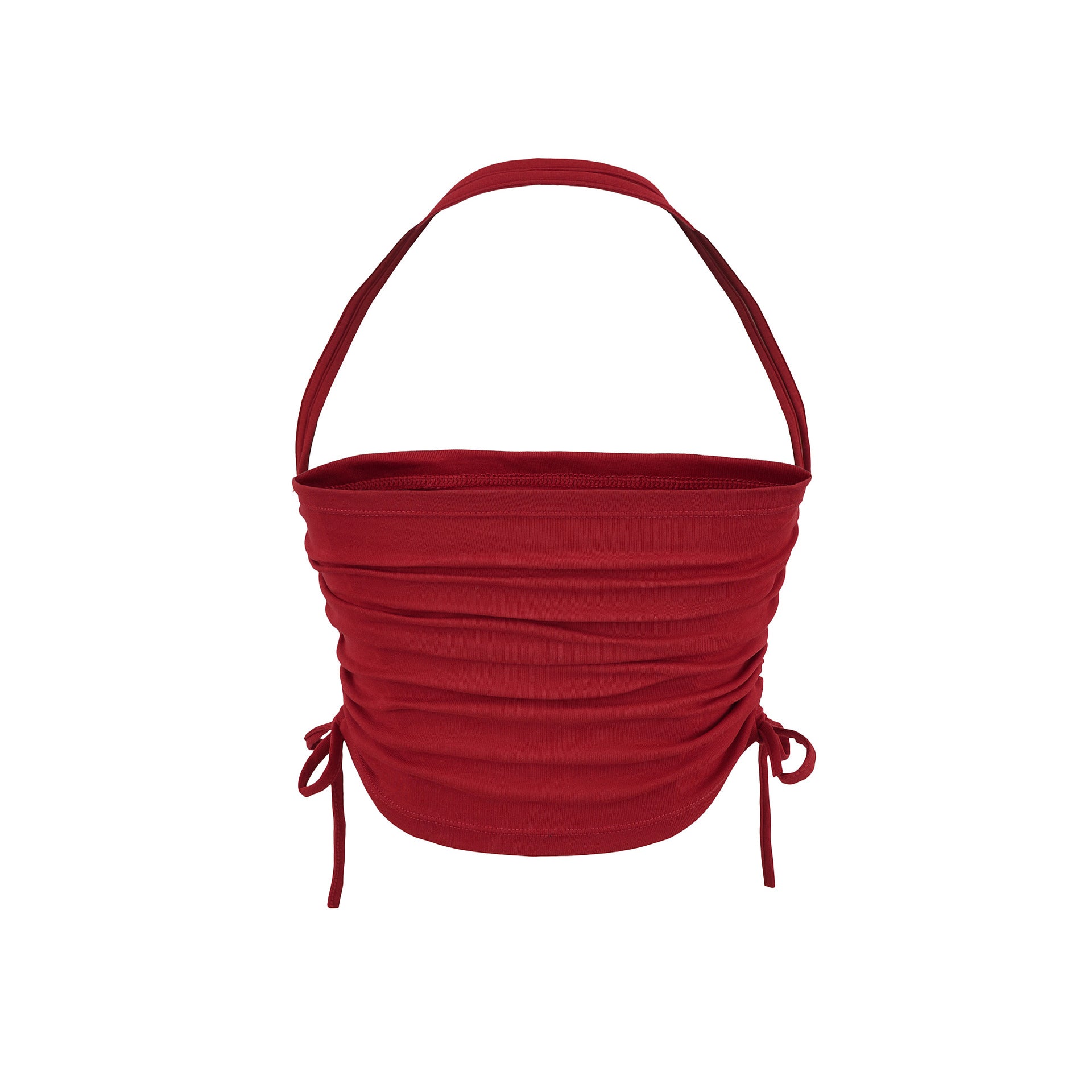 Red halter drawstring bandeau crop top back detail view