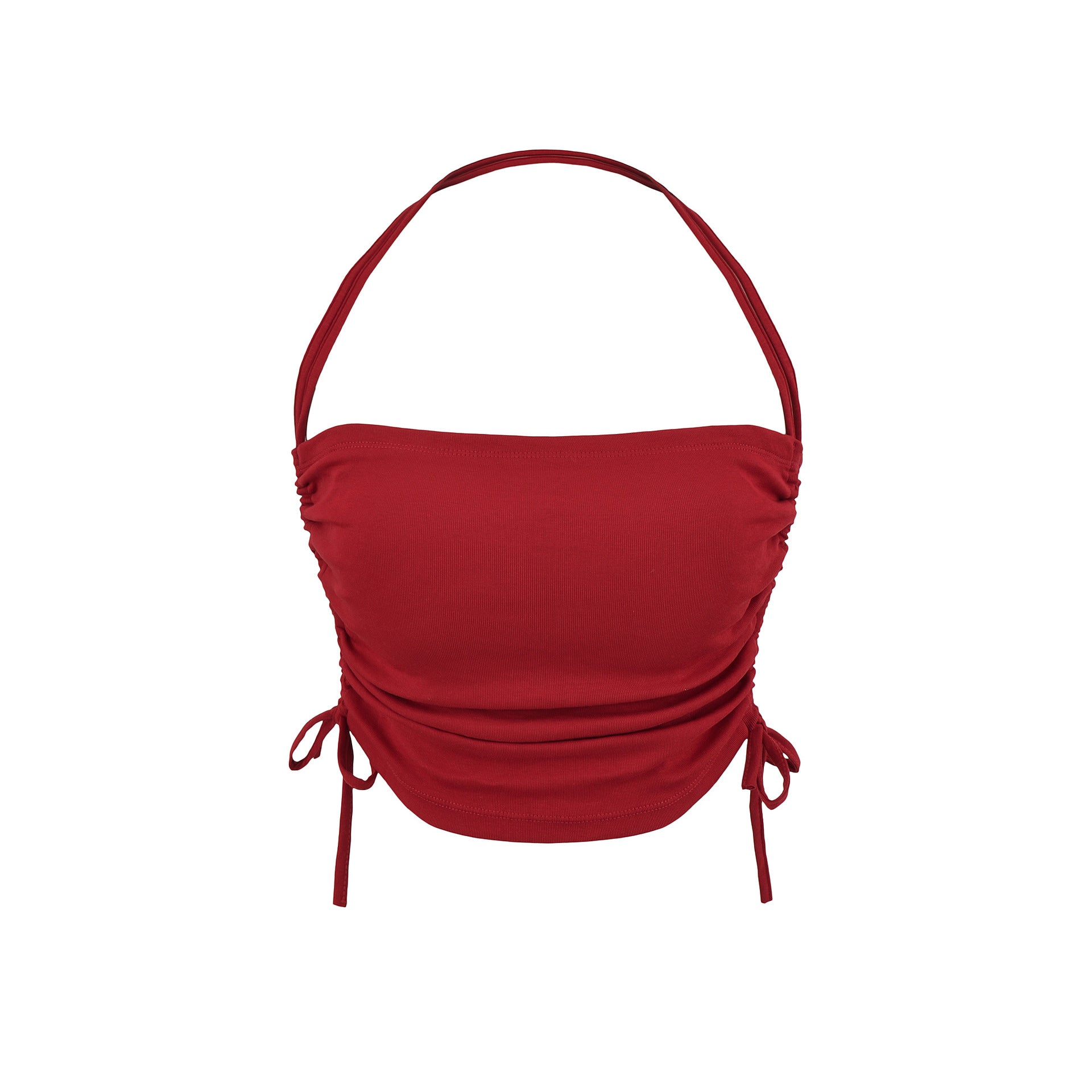 Red halter drawstring bandeau crop top front detail view