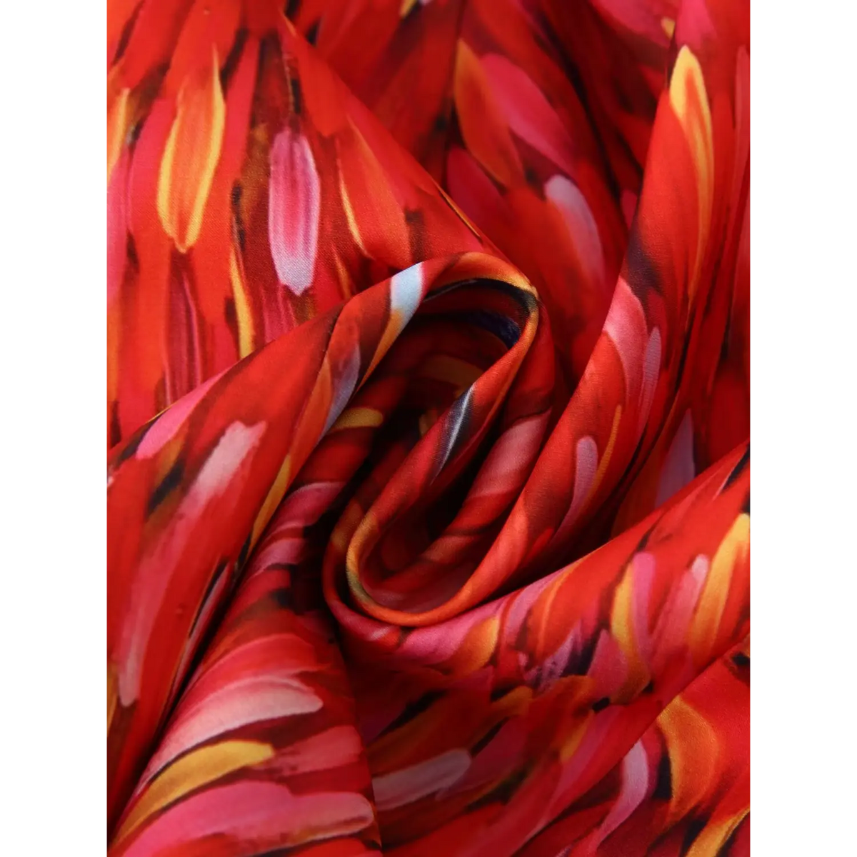 Folded fabric texture close‑up red abstract brushstroke print flowy maxi dress