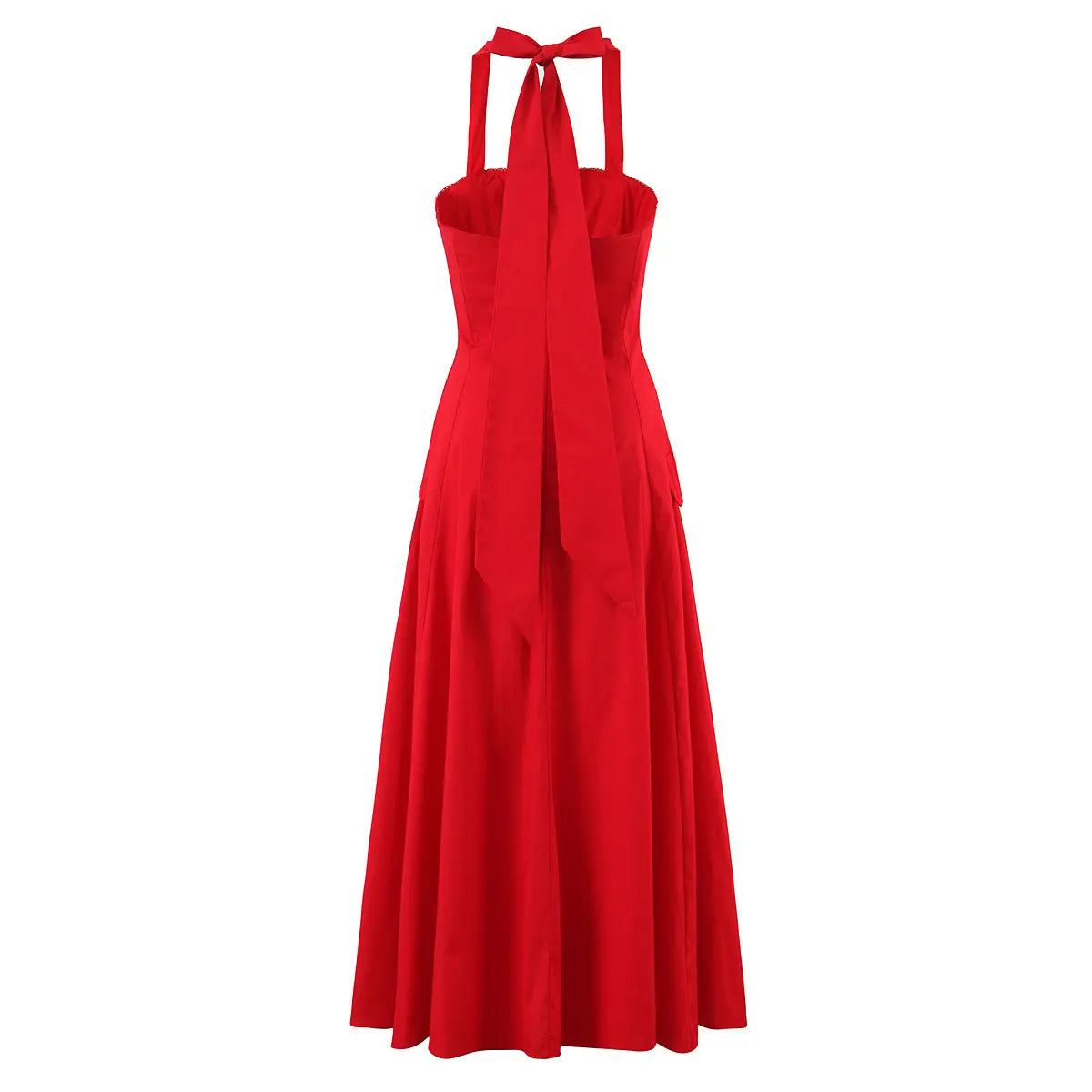  Full back view of a bright red halter maxi dress, showing the halter tie, corset-style back, and flowing A-line skirt.