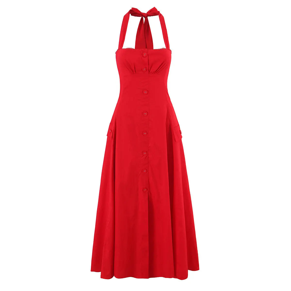 Full front view of a bright red halter maxi dress, featuring a button-down front, gathered bodice, halter tie, and A-line skirt with pocket details.