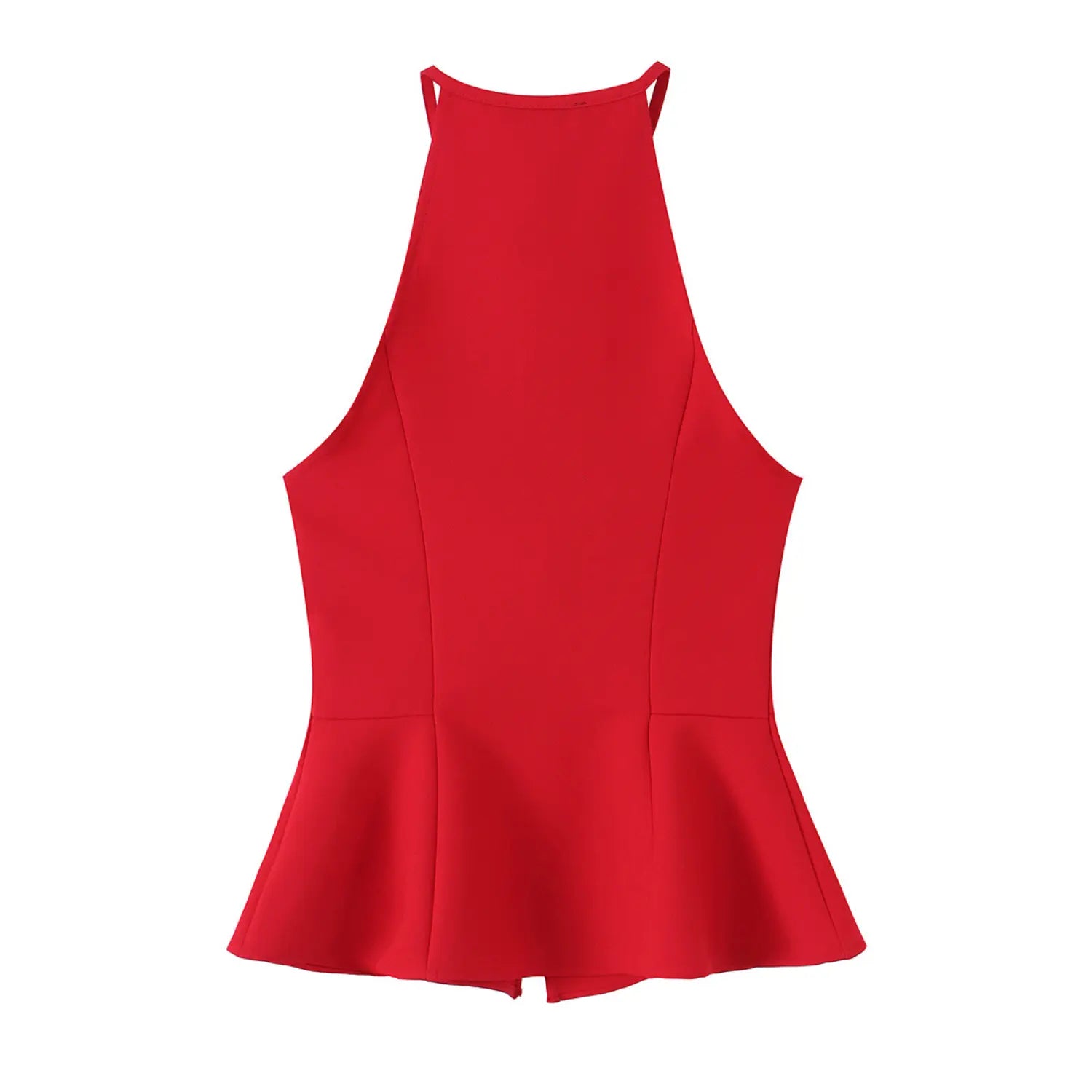 Flat lay back view of red halter peplum top, sleeveless halter neck, structured stitching and flared peplum hem