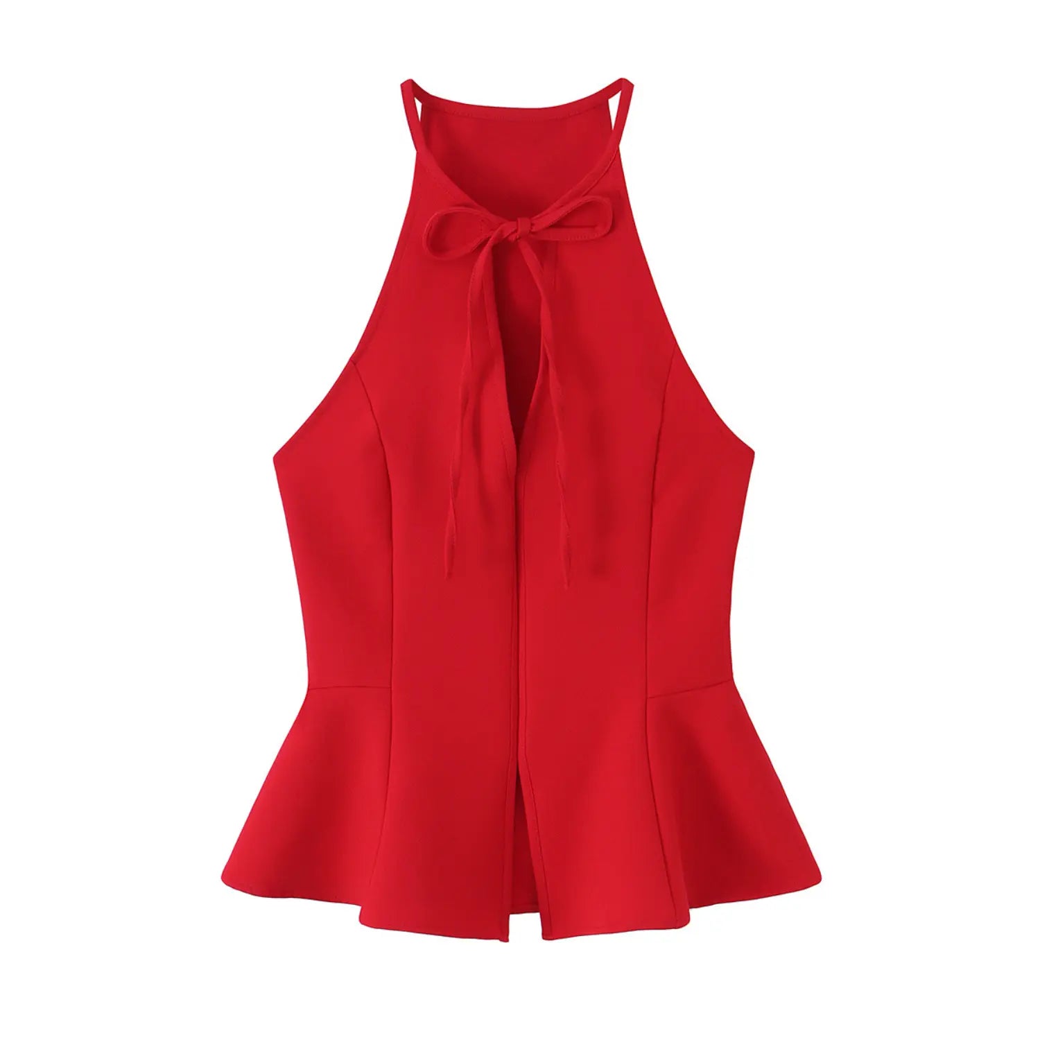 Flat lay front view of red halter peplum top, front tie‑bow keyhole cutout, fitted bodice with flared peplum hem