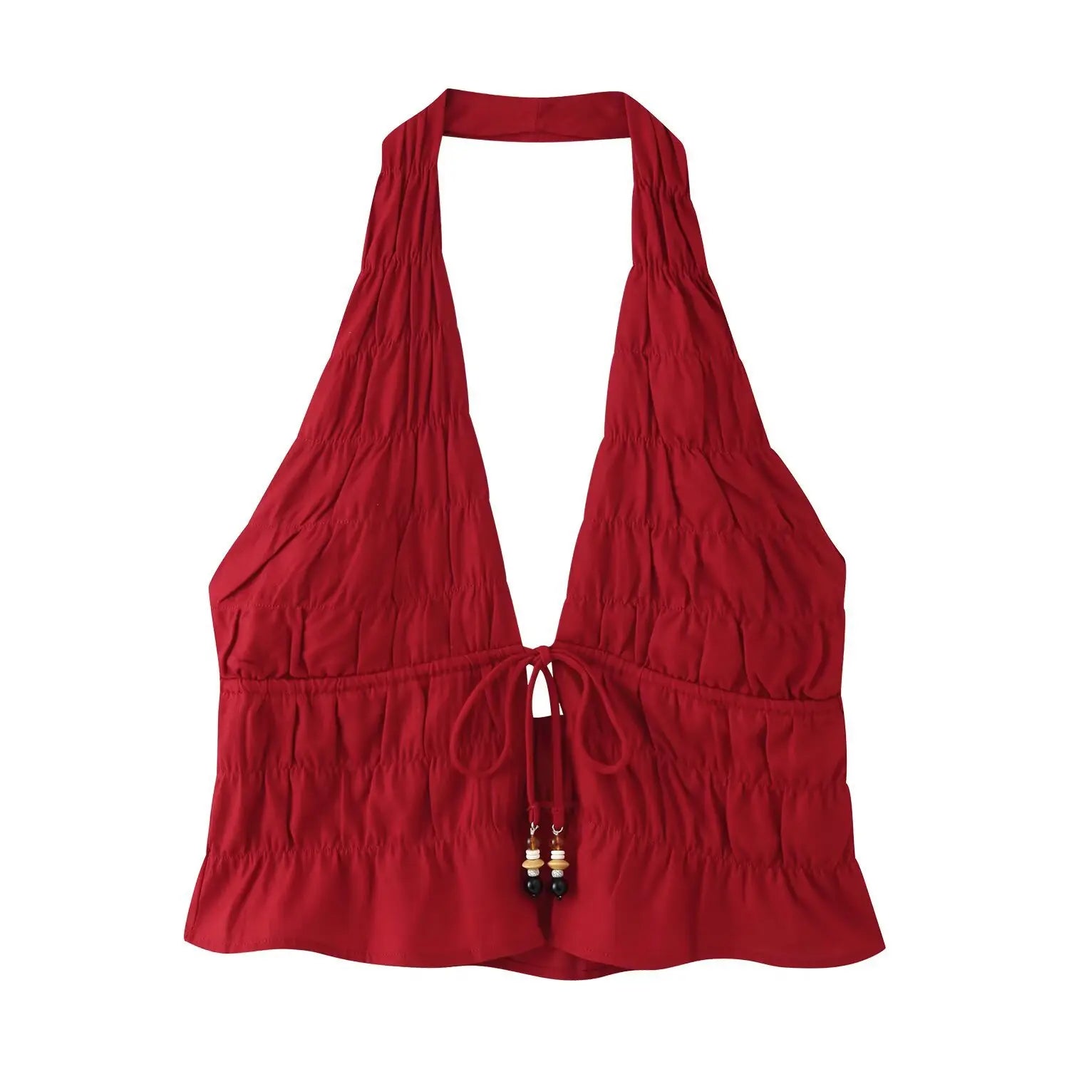 Red deep v halter neck crop top front view, ruched fabric, beaded tie detail, isolated white background