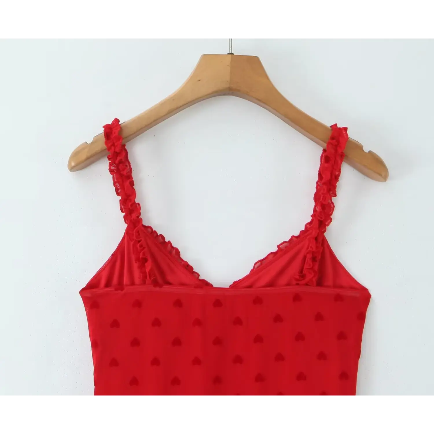 Wooden hanger hanging back view red flocked heart mesh cami mini dress ruffle shoulder straps