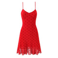 White background full front view red heart flocked mesh cami mini dress v‑neck ruffle hem