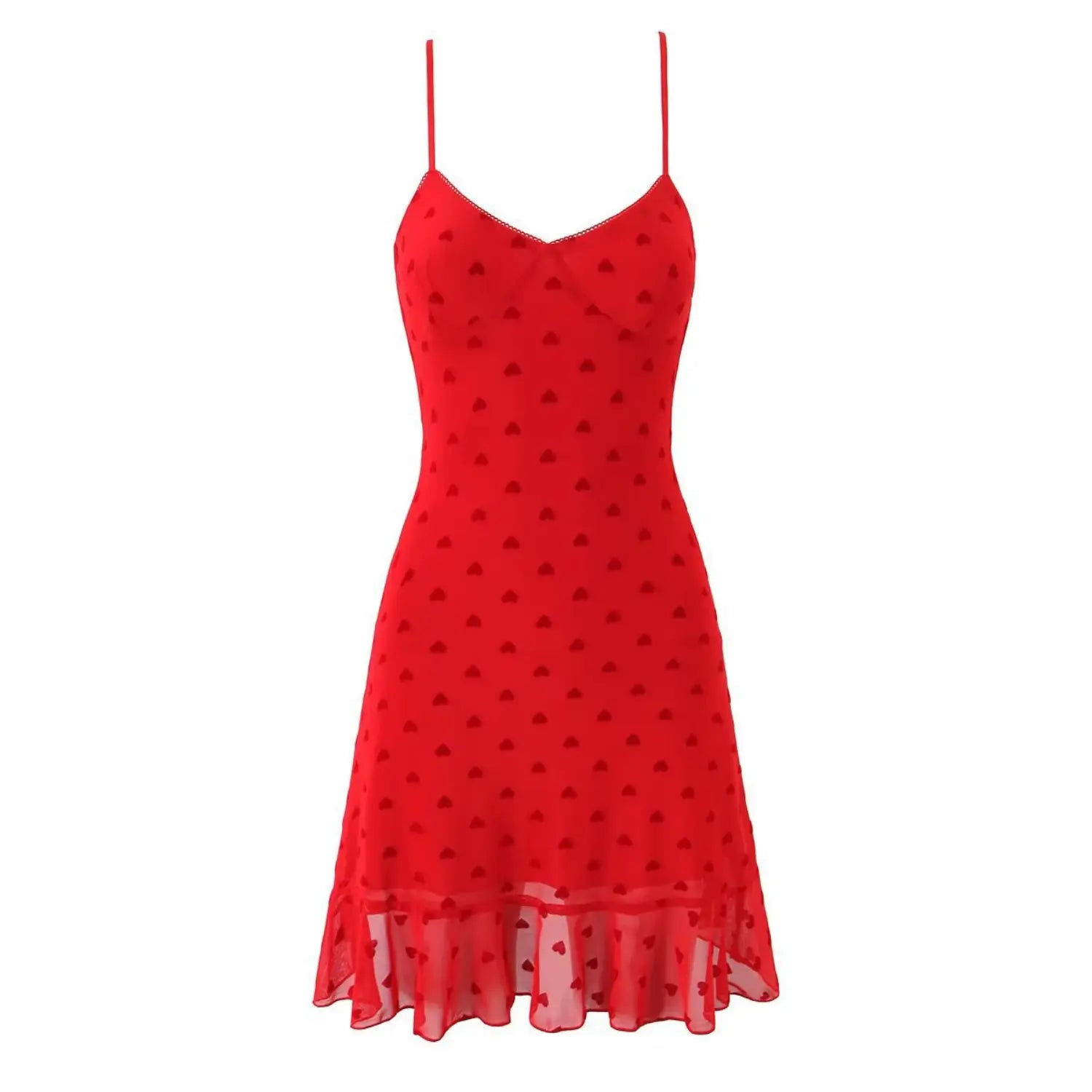 White background full front view red heart flocked mesh cami mini dress v‑neck ruffle hem