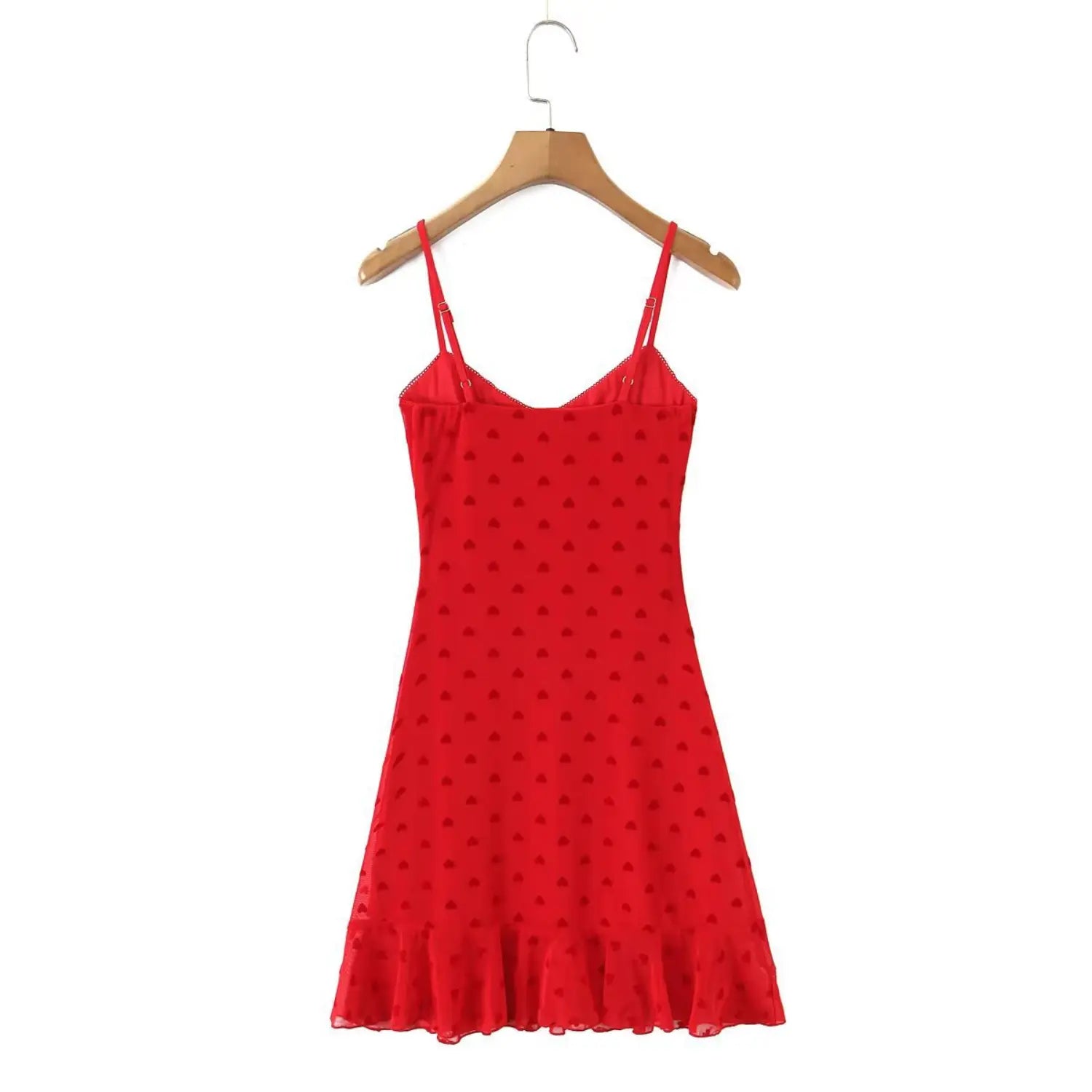 Wooden hanger hanging full back view red heart flocked mesh cami mini dress adjustable spaghetti straps