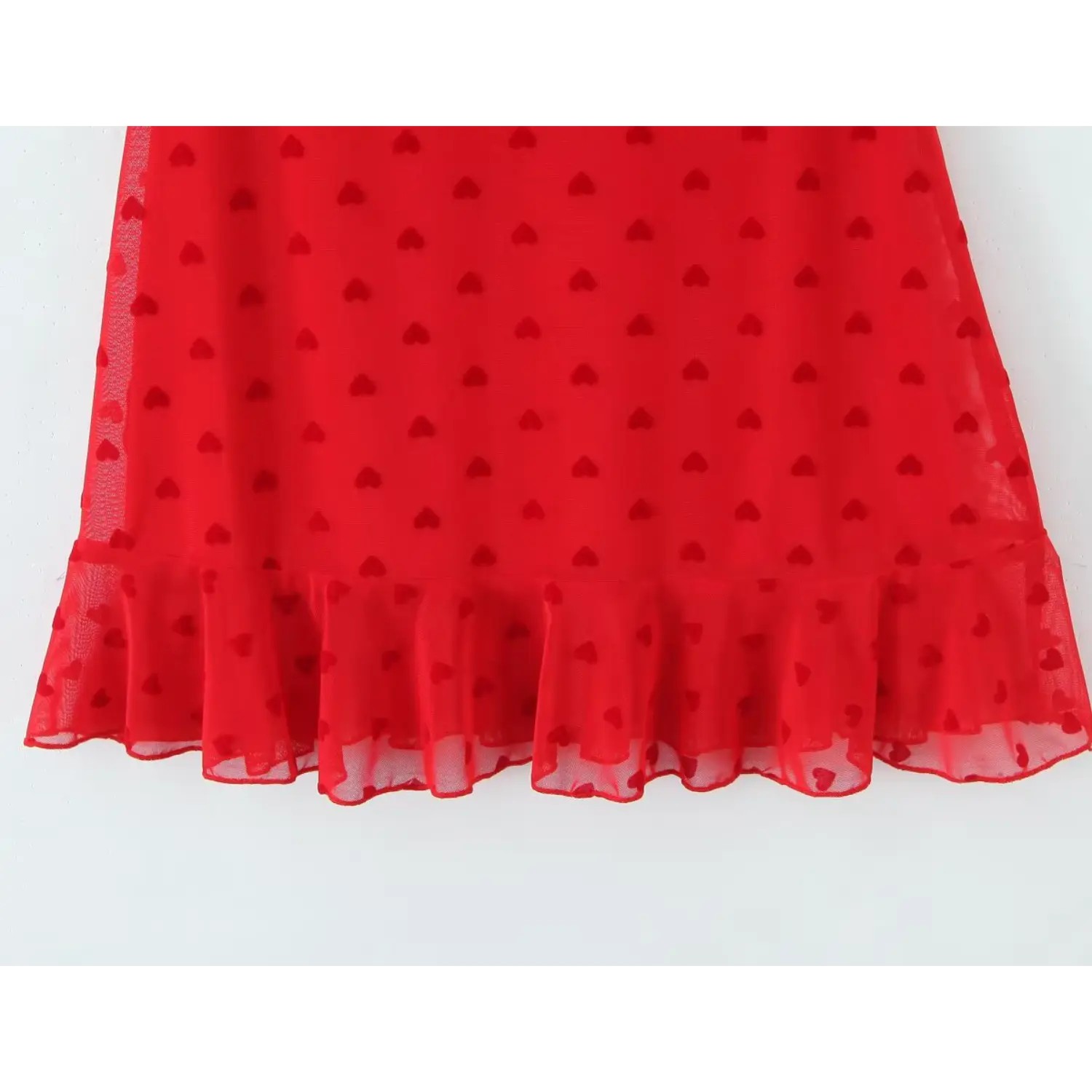 Full close‑up ruffle hem scalloped sheer mesh edge red heart print cami mini dress