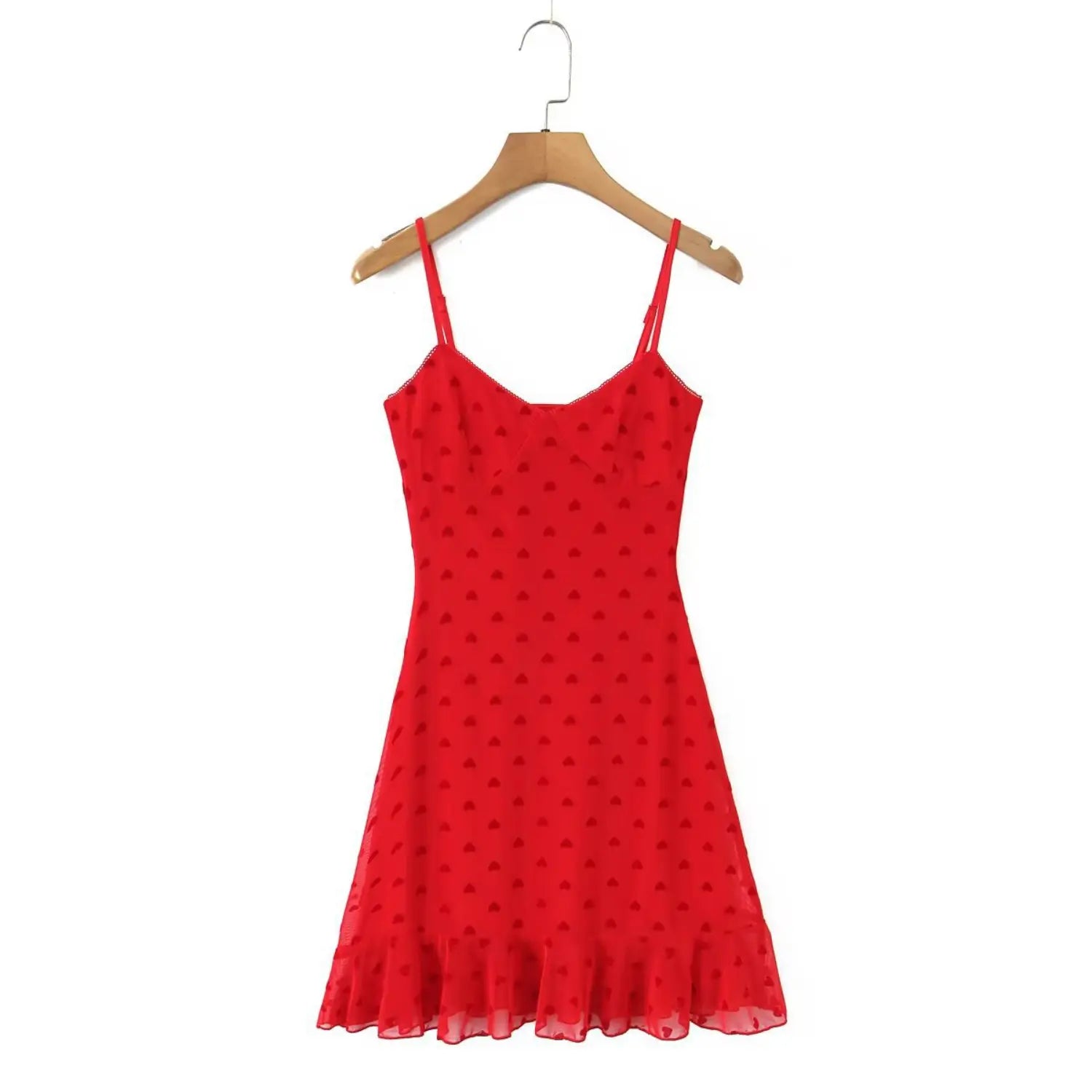 Wooden hanger front view red heart flocked mesh cami dress v‑neck scallop trim ruffle hem mini length
