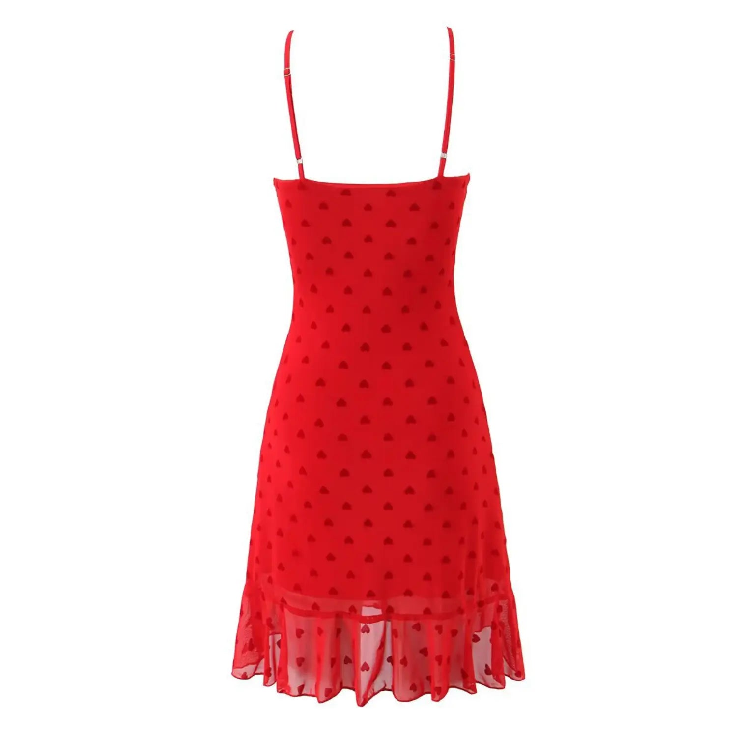 Plain white background back view red flocked heart mesh cami mini dress adjustable thin spaghetti straps ruffle hem