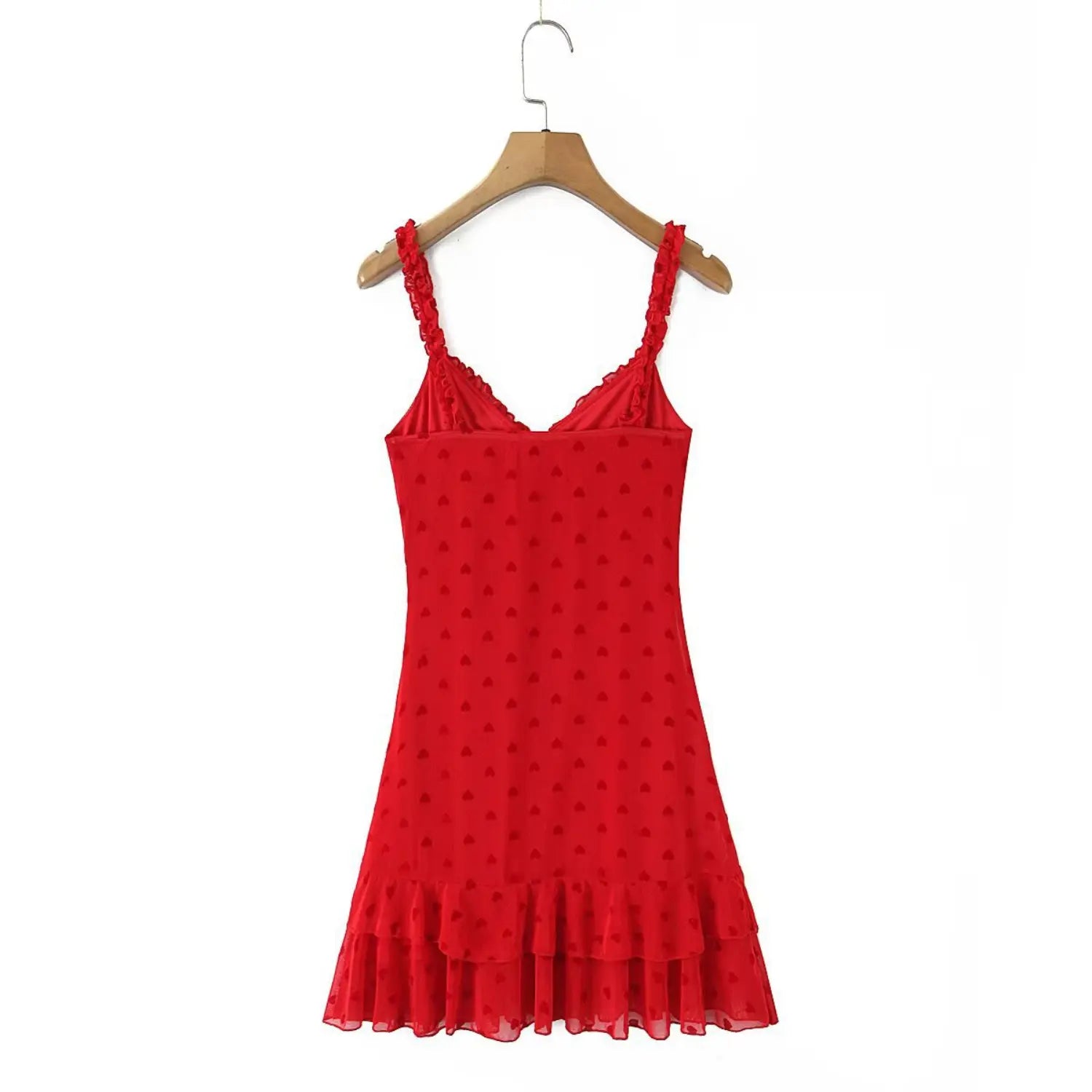 Wooden hanger hanging back view red flocked heart mesh cami mini dress ruffle shoulder straps