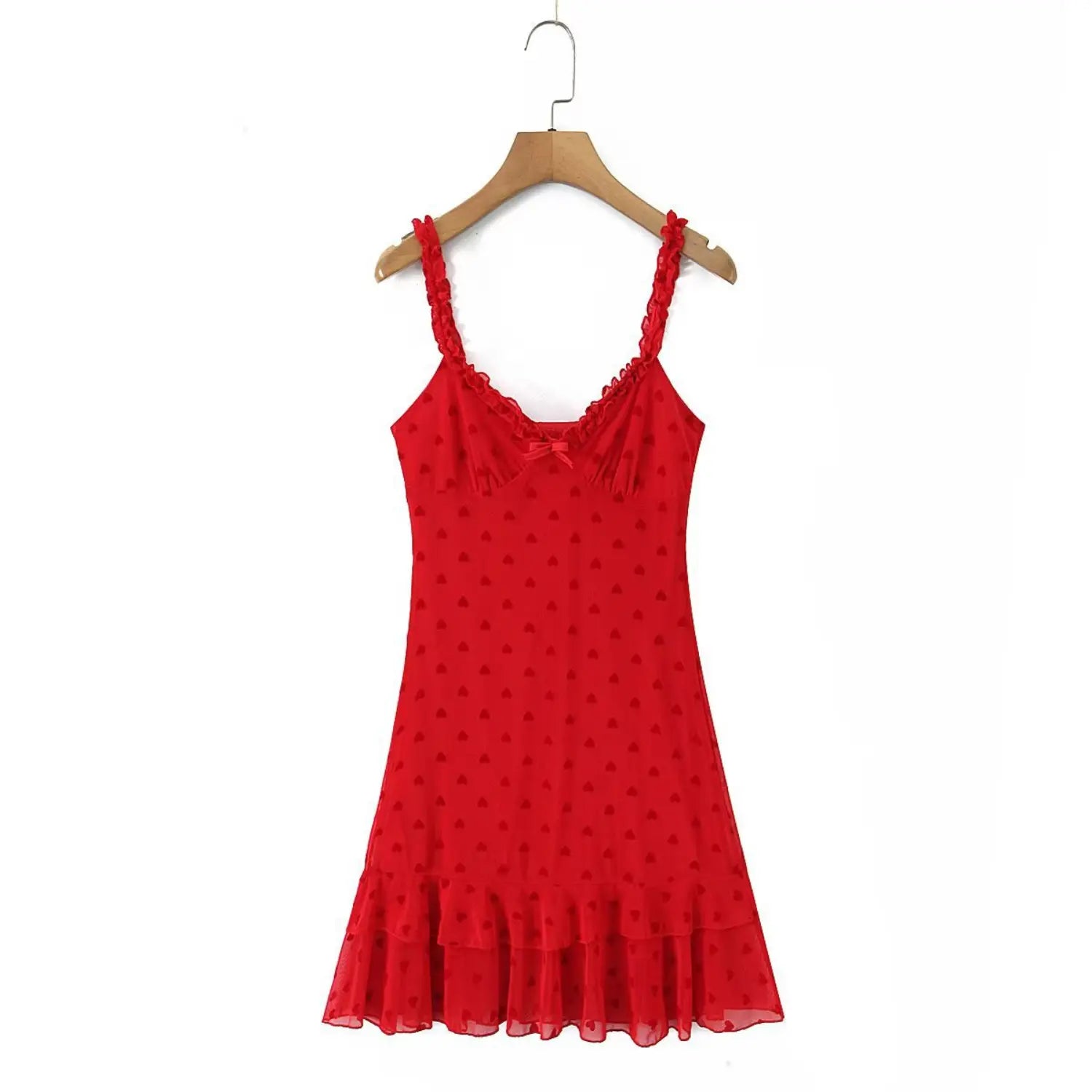 Wooden hanger hanging shot front view red heart print ruffle strap mesh mini dress