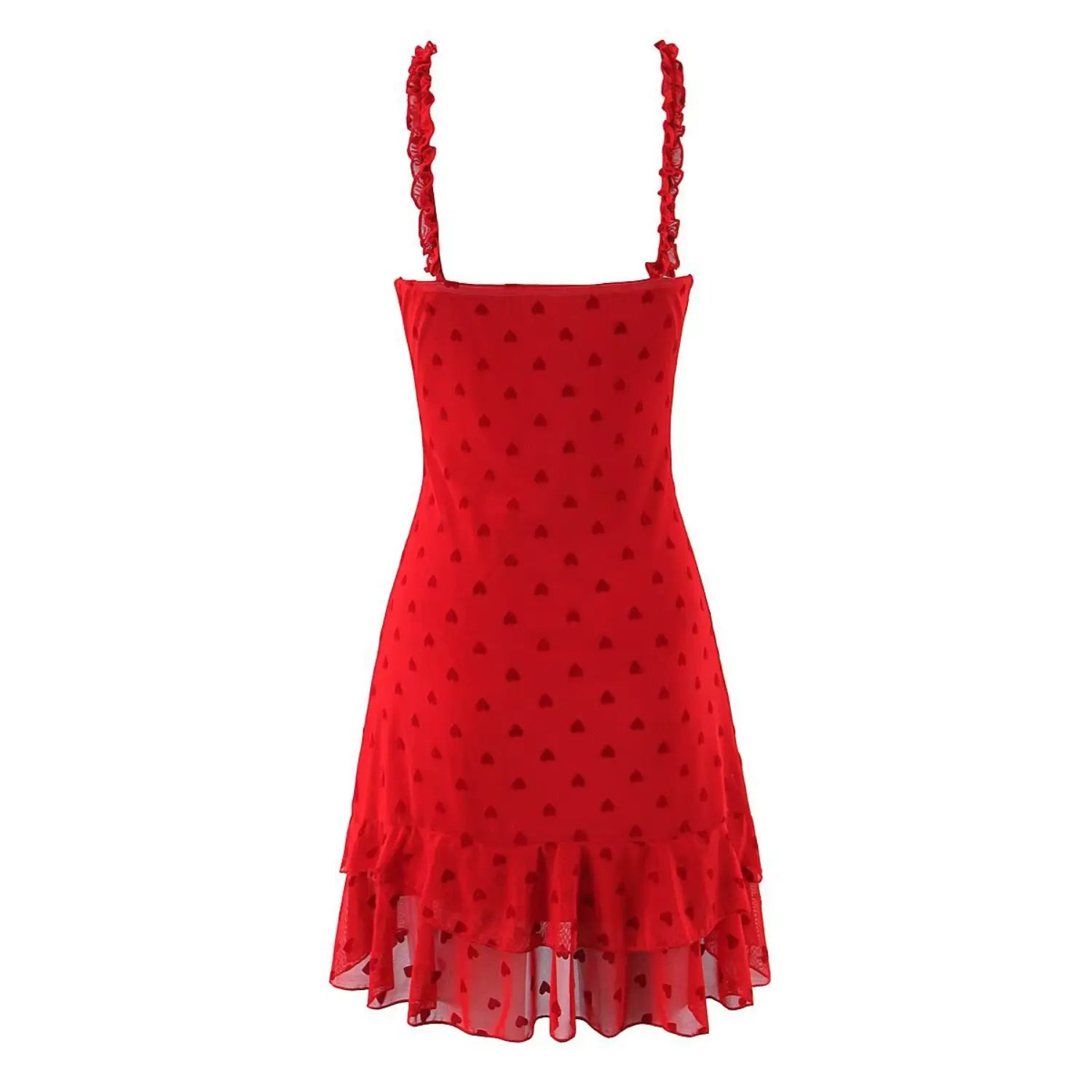 White background product back view red heart pattern cami dress square back ruffle layered hem