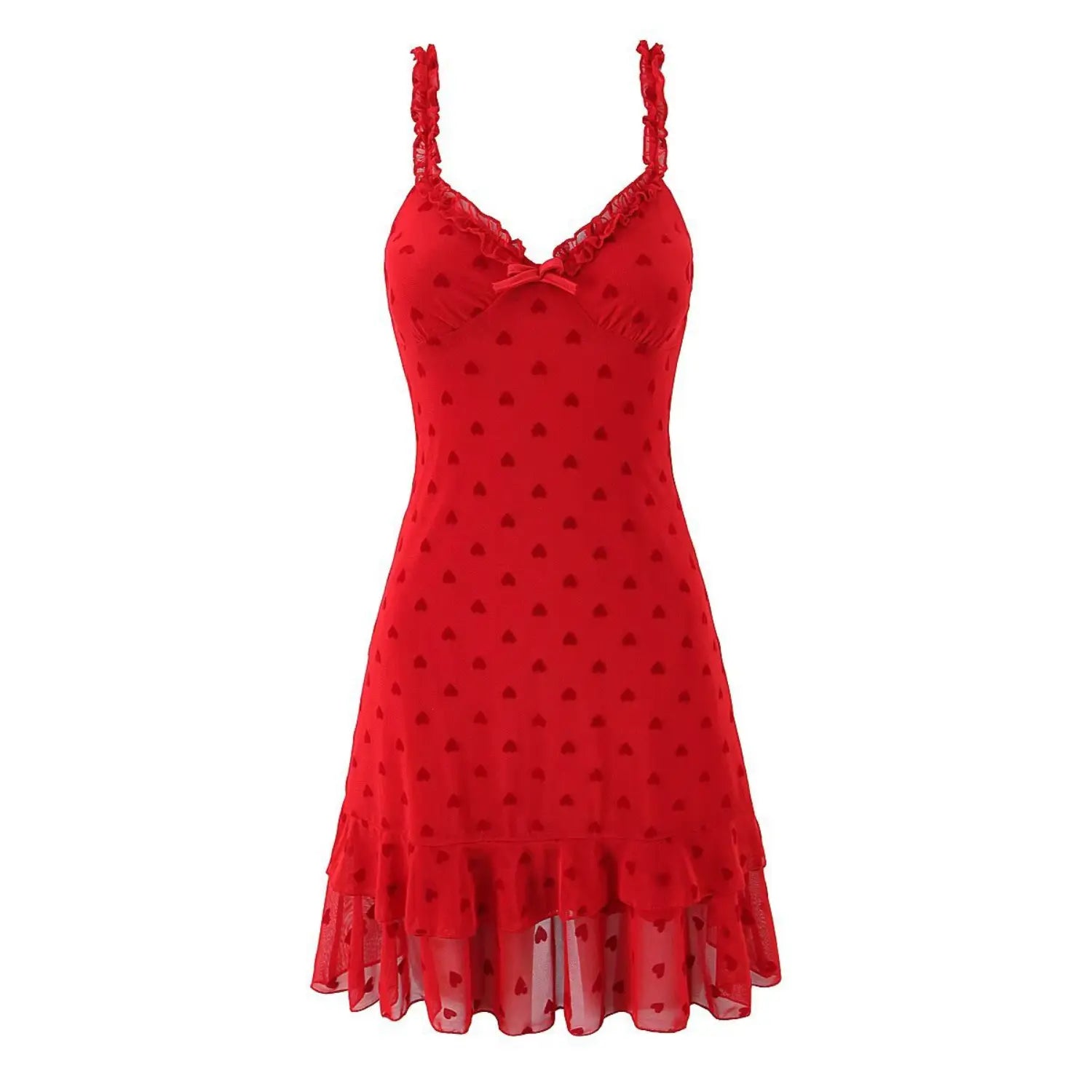 White background product front view red heart print mesh cami mini dress ruffle straps v‑neck front bow ruffle hem
