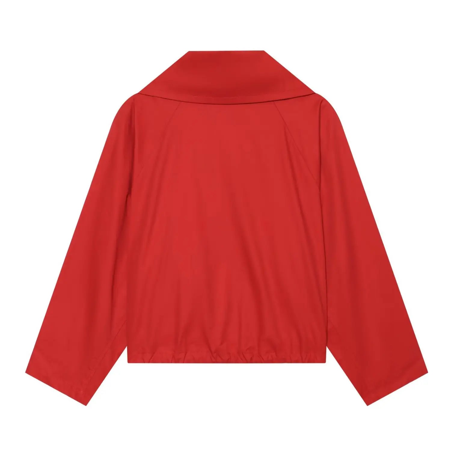 Red cropped jacket full back flat lay, back panel gathers hem elastic ruche loose drop shoulder plain back silhouette display
