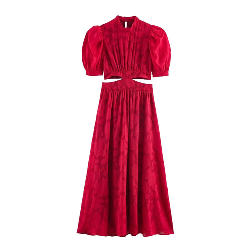 1. Model front lifestyle wearing shot, red floral jacquard two piece midi dress, real daily outfit display