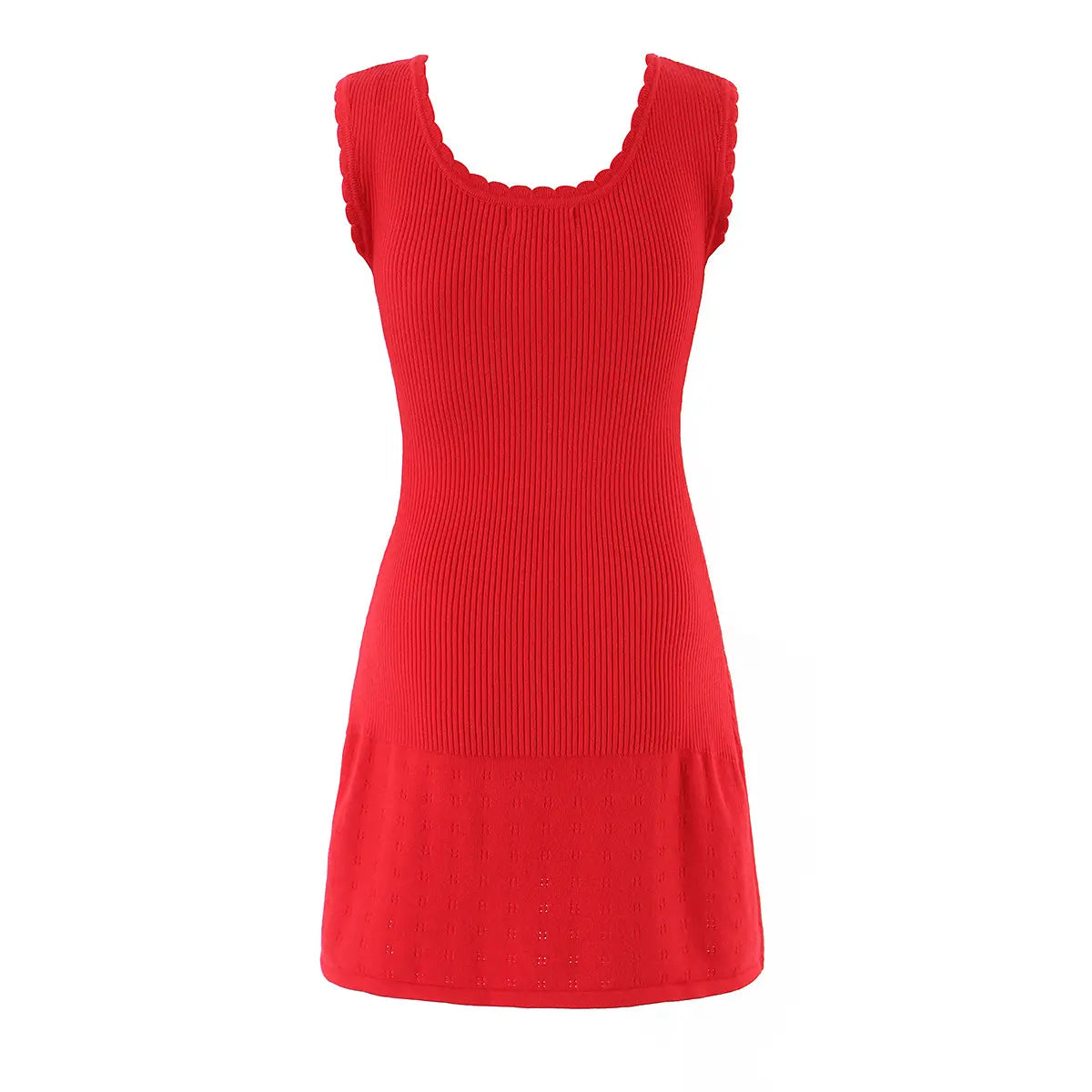  Studio shot of the back of a red ribbed knit mini dress, showing the scalloped back neckline and flared skirt with eyelet knit.