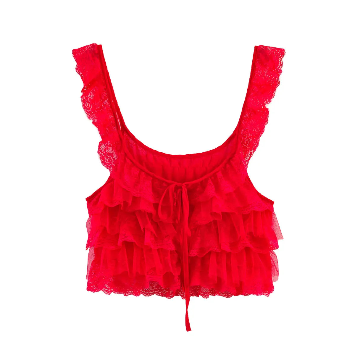 Front view of a bright red layered lace ruffle camisole with a U-neckline, lace straps, and a front tie detail, isolated on a white background.