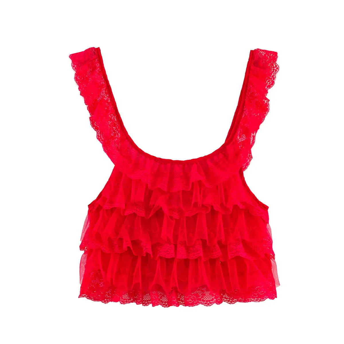  Front view of a bright red layered lace ruffle camisole with a U-neckline and lace straps, isolated on a white background.