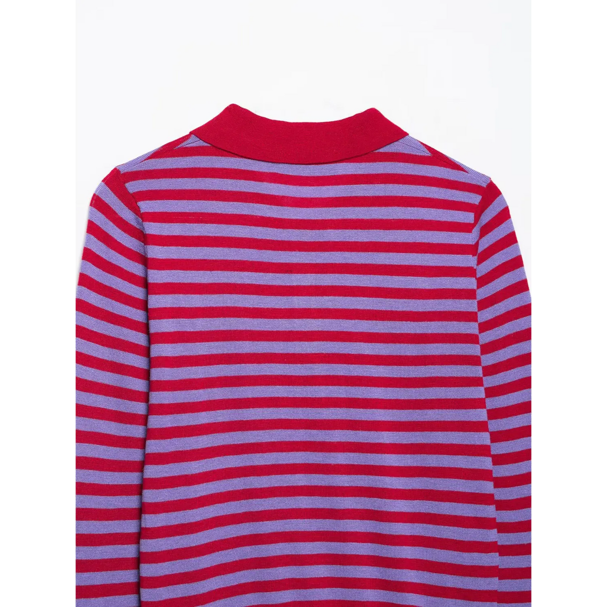 Close-up of back of knit top with red collar and regular red and lilac stripes