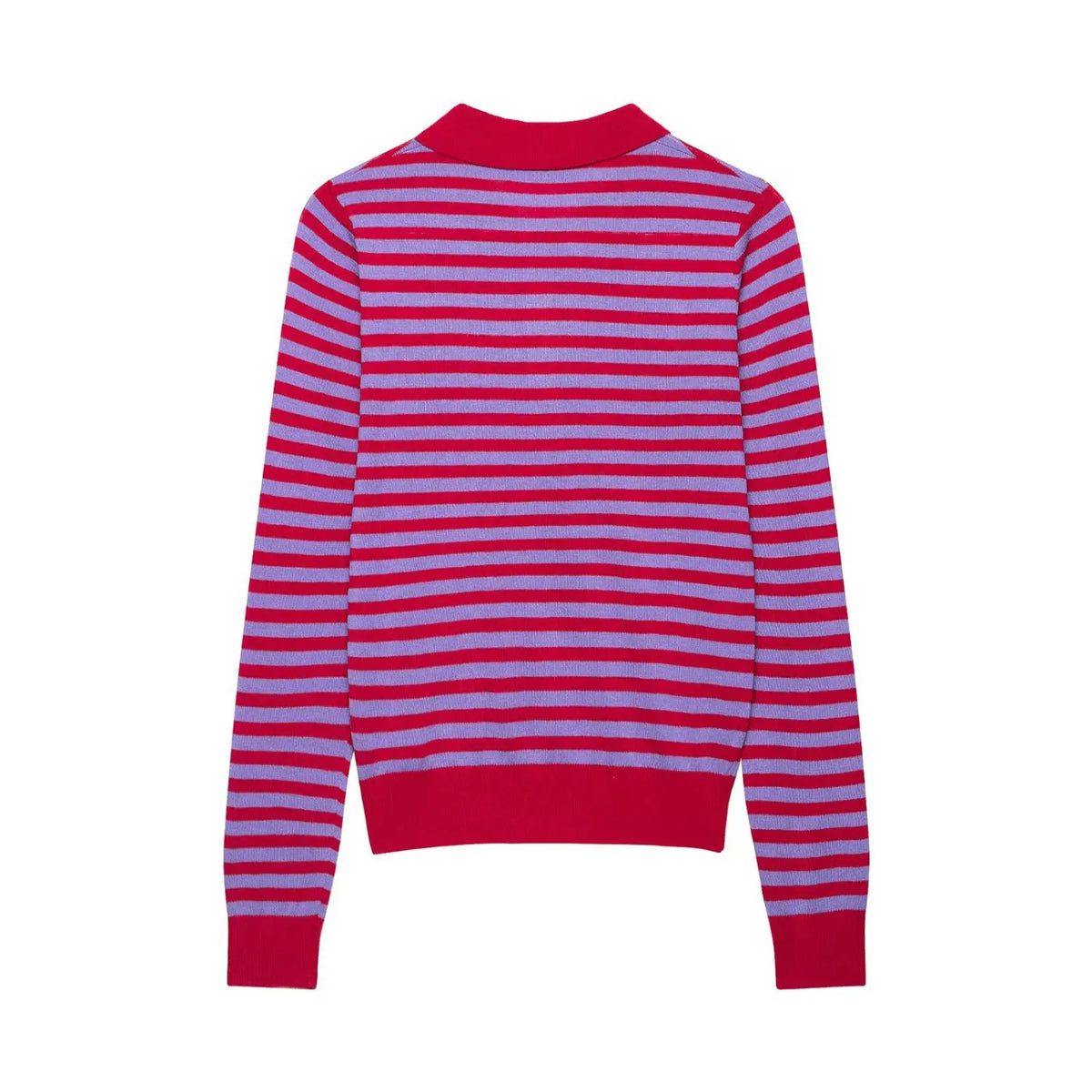 Back view of red and lilac striped polo knit top with red collar and ribbed hem