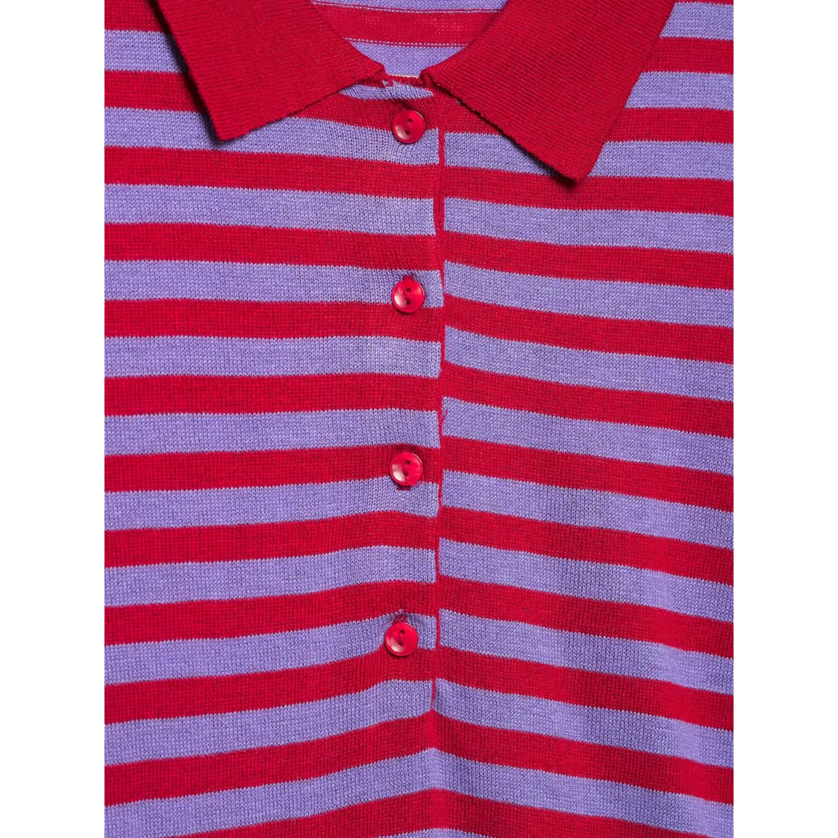 Close-up of collar placket with four round red buttons on red and lilac striped knit top