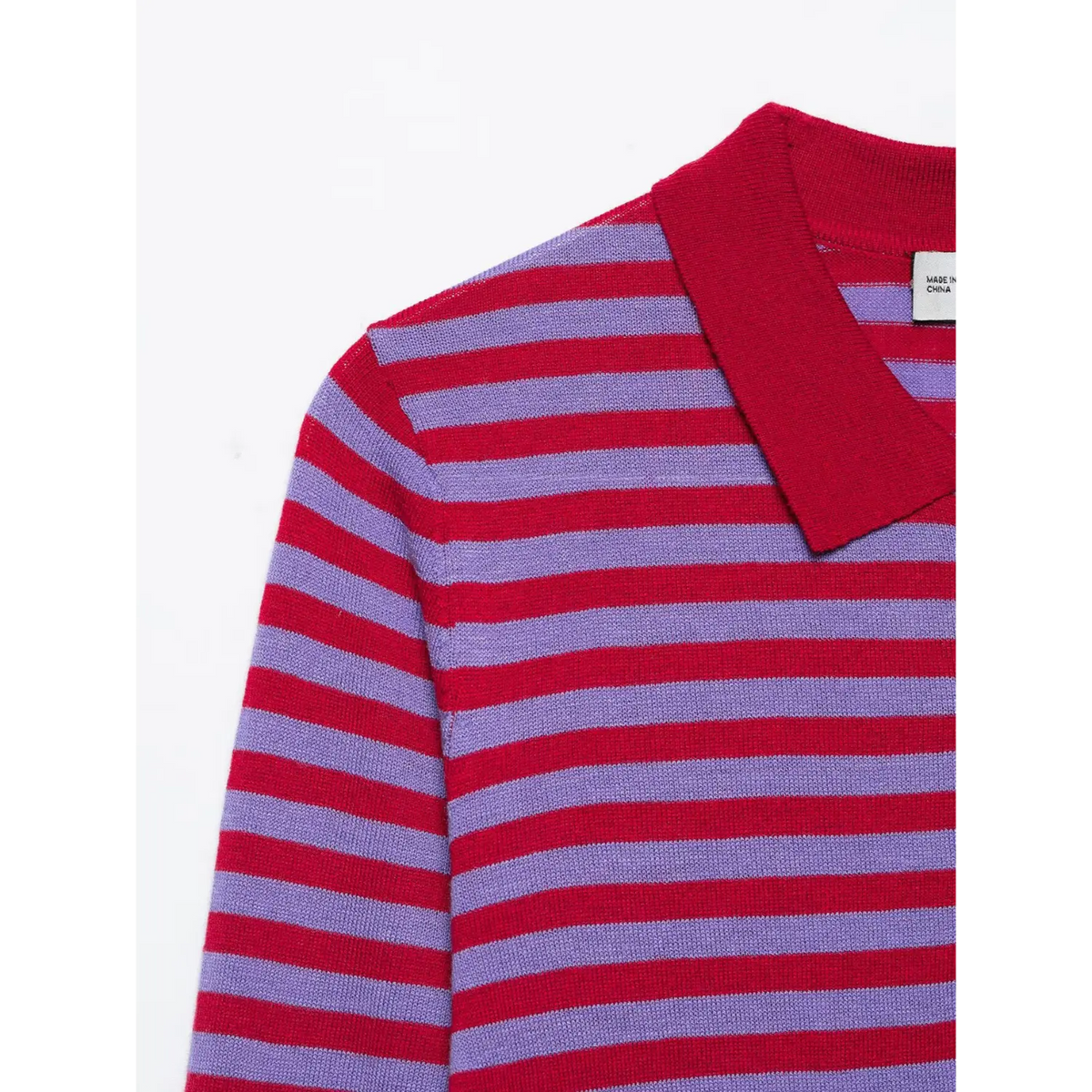 Close-up of red polo collar and shoulder on red and light purple striped knit top
