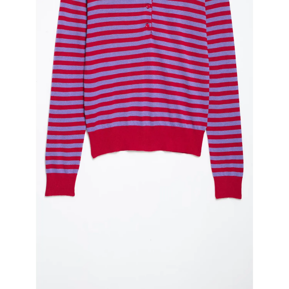 Flat lay of red and lilac striped polo knit top with red buttons and ribbed trims