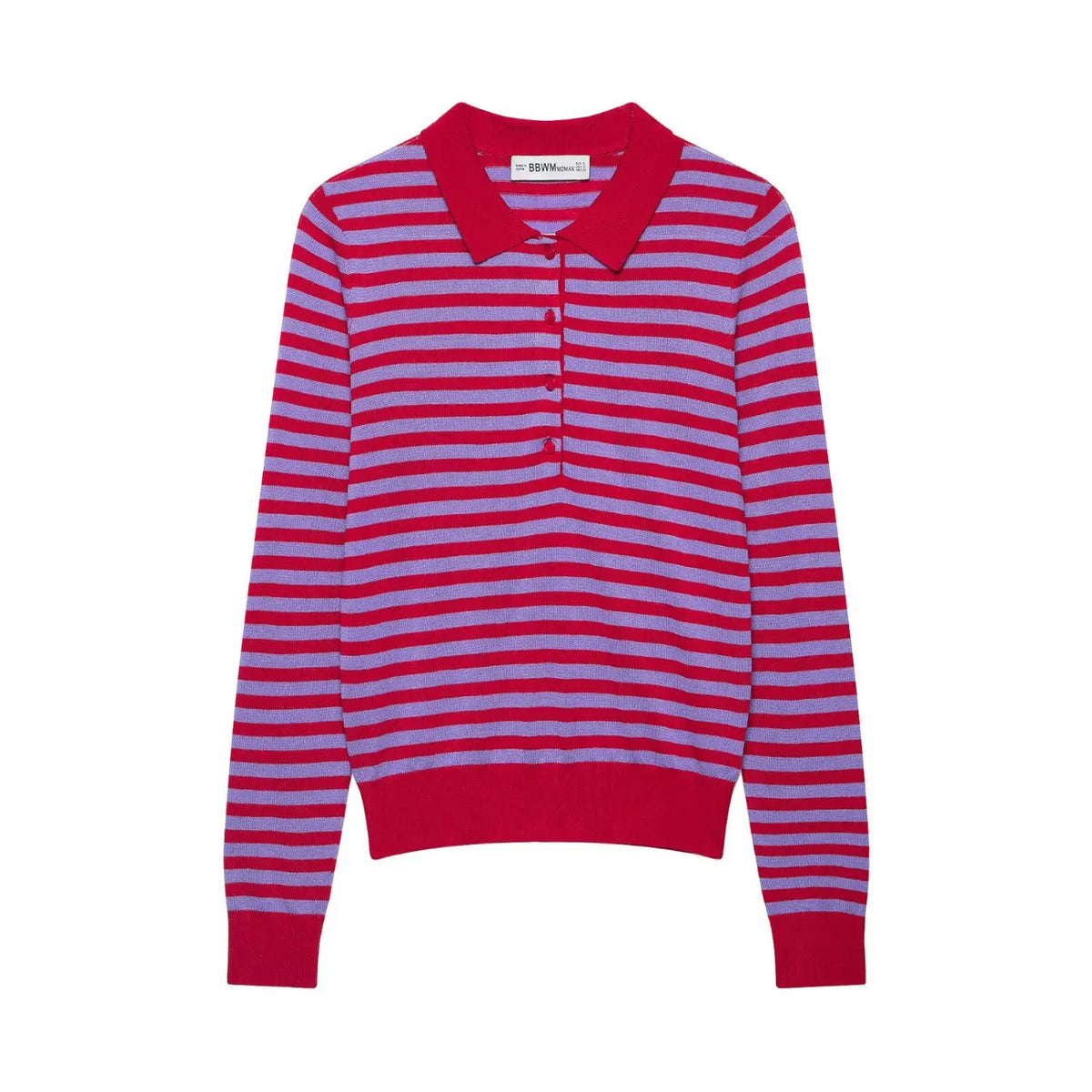 Front view of red and lilac striped polo collar knit top with red buttons on white background