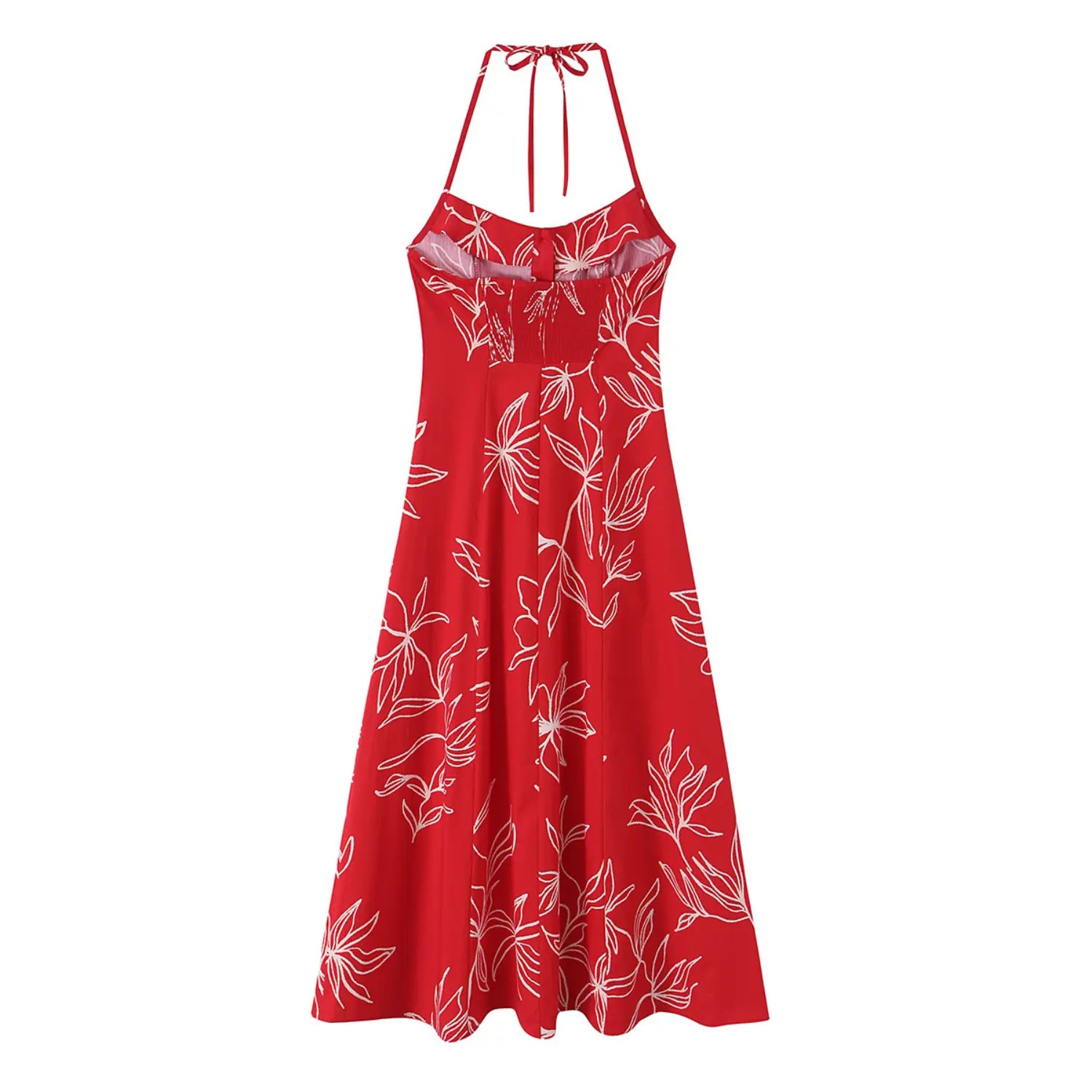 Back view of red halter midi dress, showing elastic smocked back panel and tie halter strap