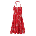 Full front flat lay of red line floral halter midi dress, featuring front wooden buttons and tie halter neck