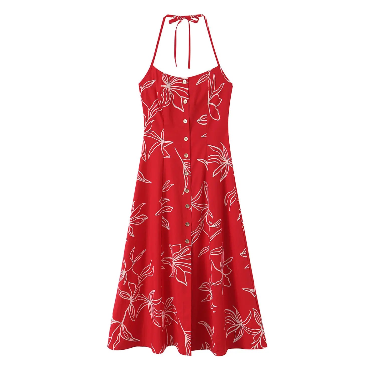 Full front flat lay of red line floral halter midi dress, featuring front wooden buttons and tie halter neck