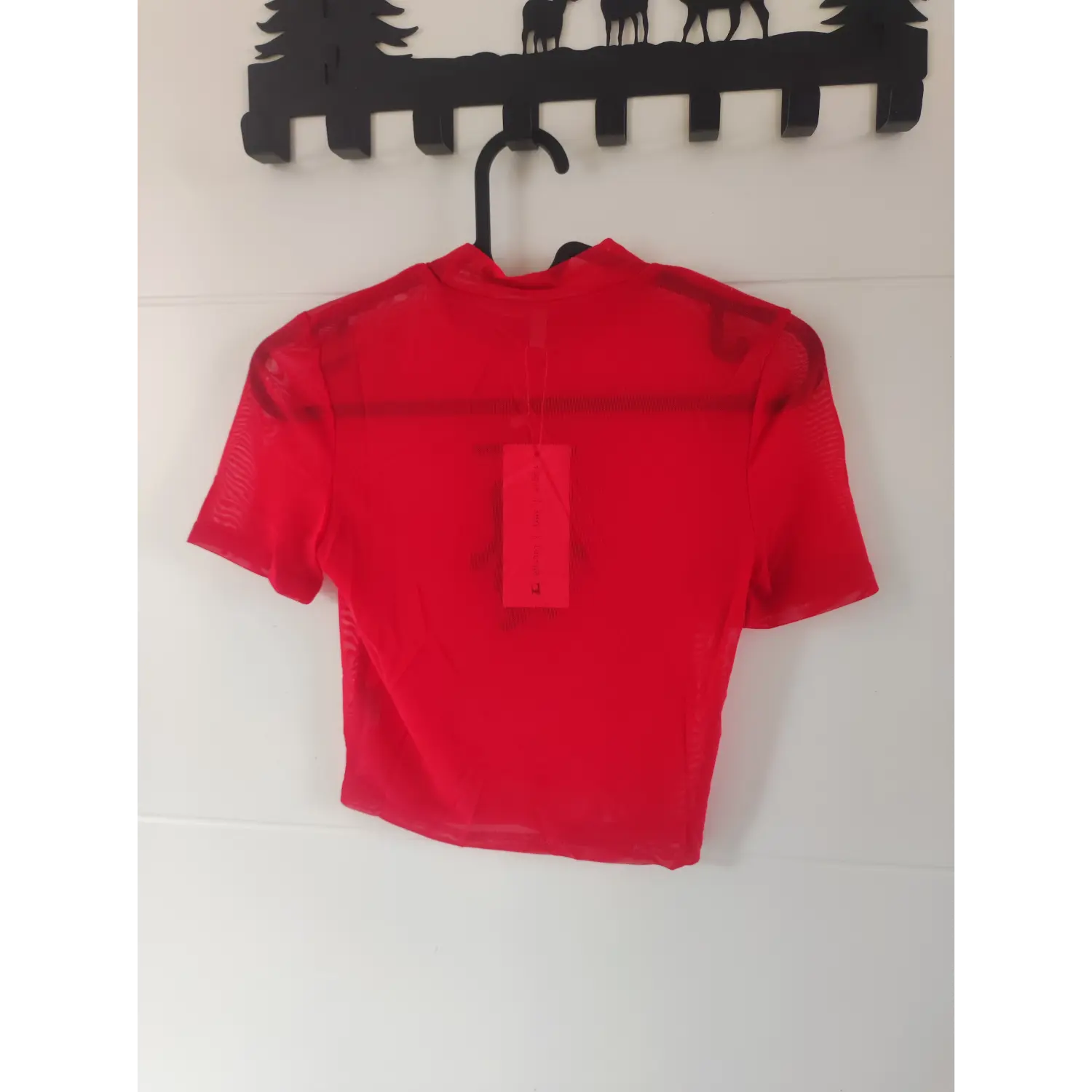 Wall hanging back view, plain back red sheer mesh cropped short sleeve top with hang tag