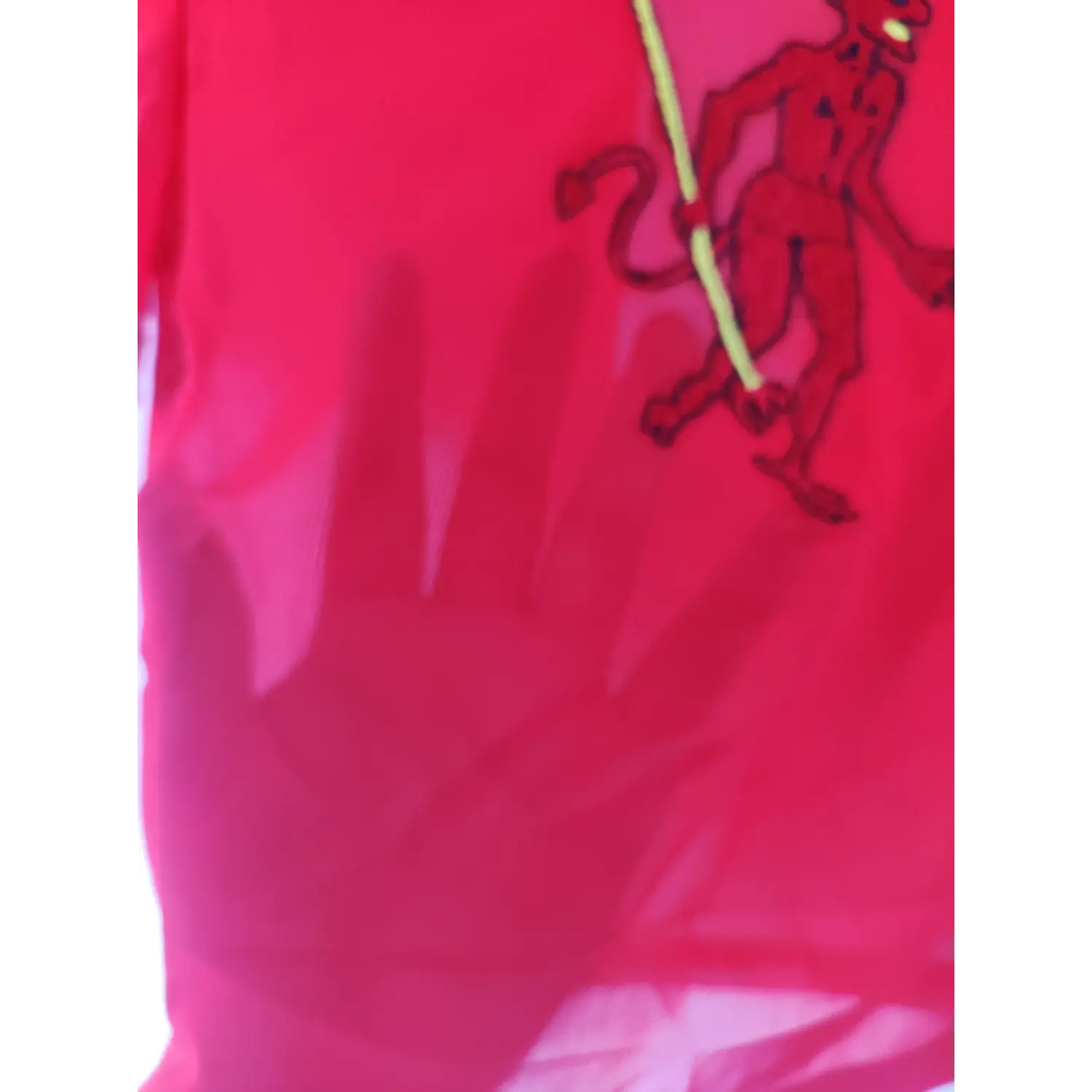 Close-up shot, devil figure embroidery detail on red sheer mesh fabric