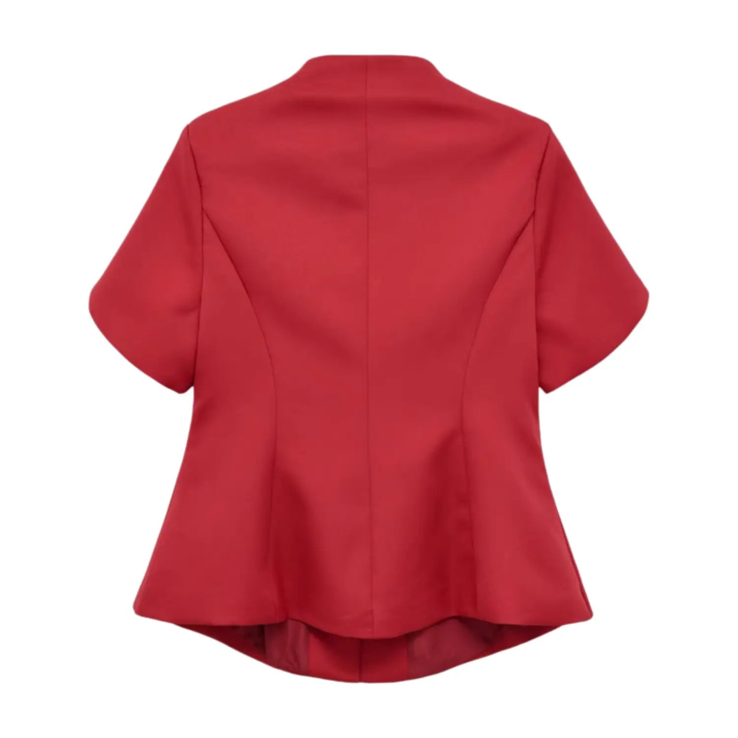 Back view red new chinese short sleeve blouse, tailored fitted waist, flared peplum hem, solid red fabric