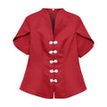 Front view red new chinese style short sleeve top, v neck, decorative white frog buttons, folded sleeves, peplum hem