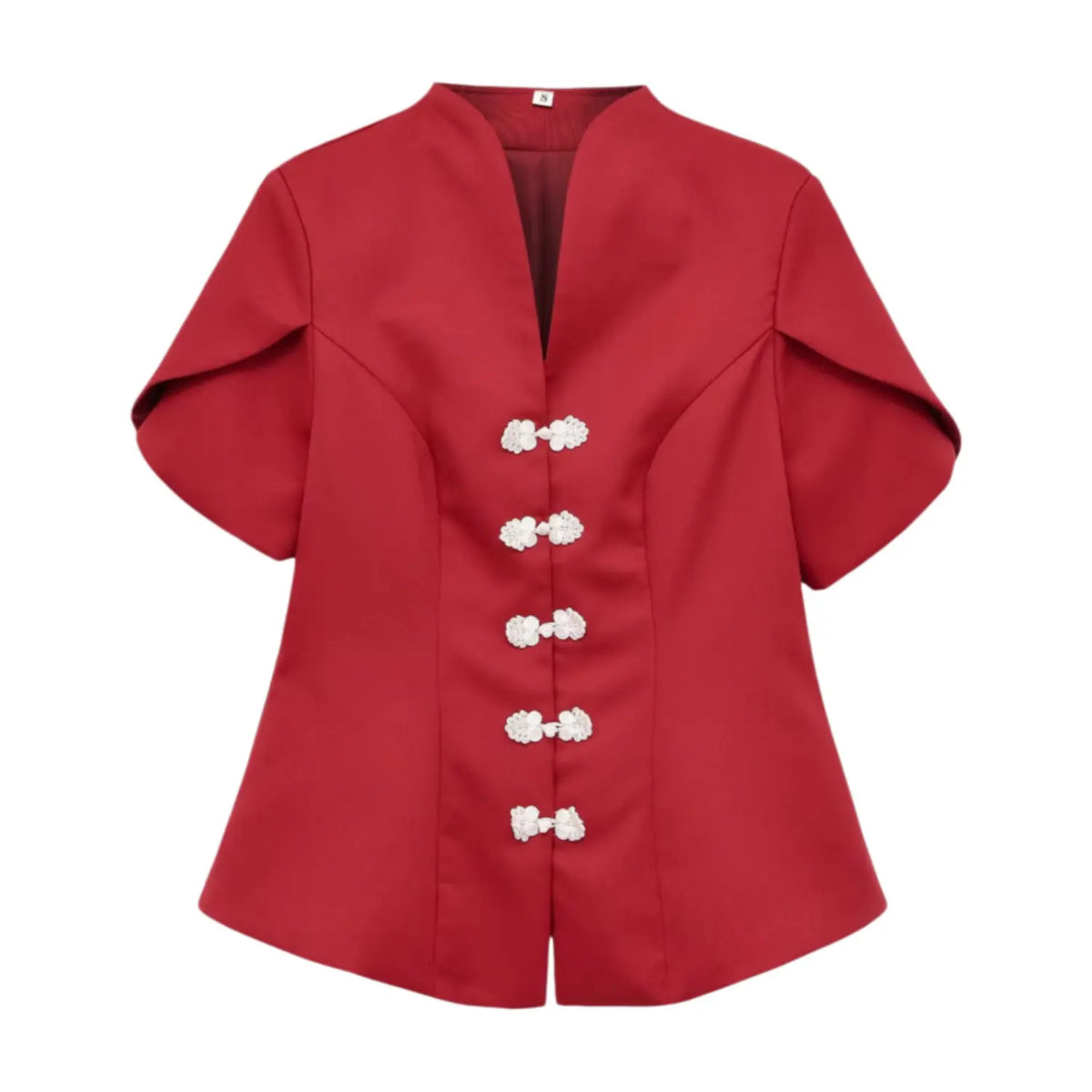 Front view red new chinese style short sleeve top, v neck, decorative white frog buttons, folded sleeves, peplum hem