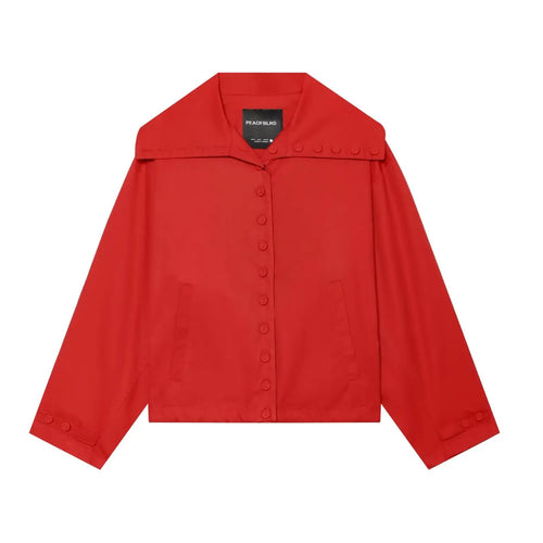 Red oversized collar cropped utility jacket white flat front shot, big sailor lapel decorative neck buttons solid matching round button placket side pockets long sleeve cropped outerwear hero image