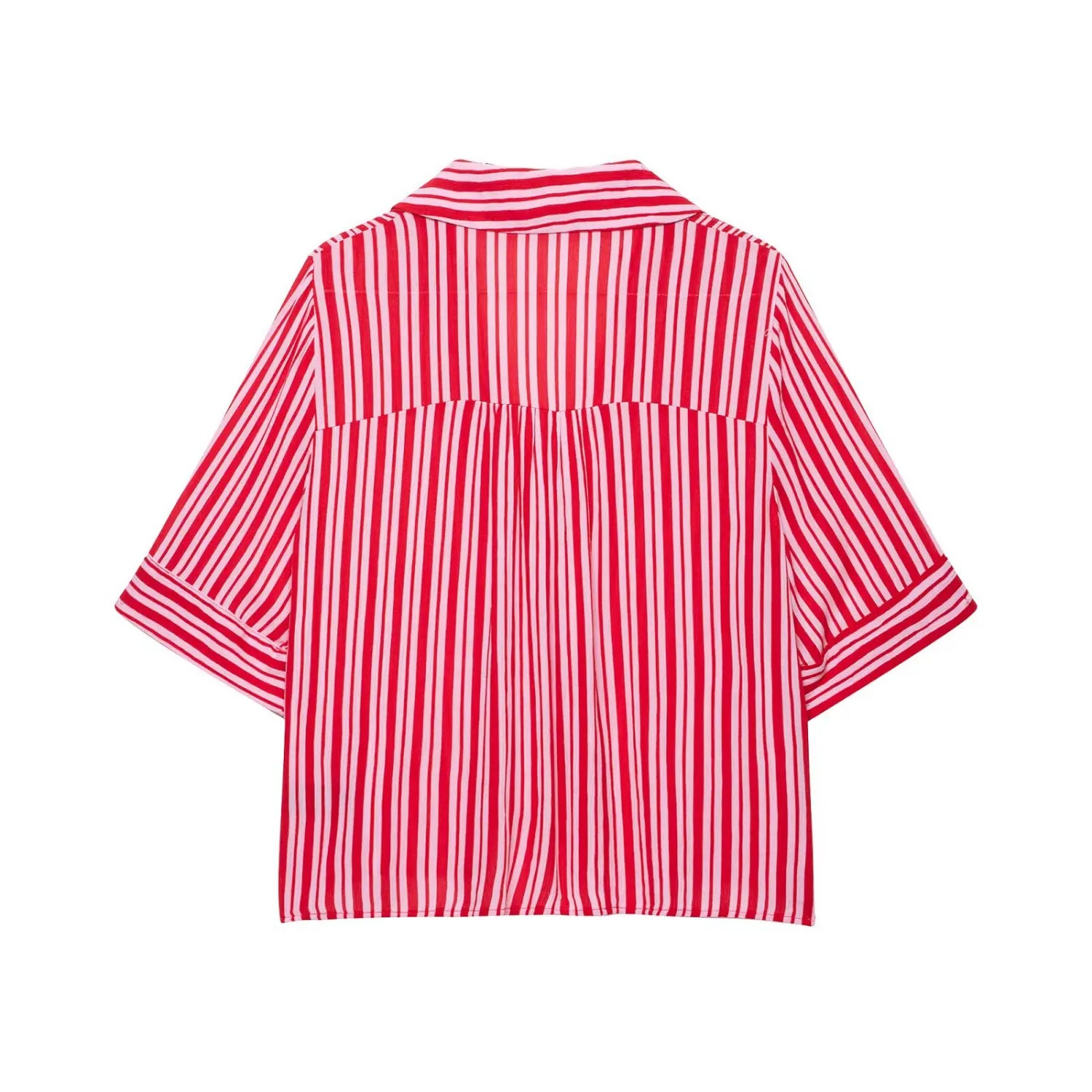 Complete back flat shot of red pink striped blouse, back yoke with center gathered pleat, straight cropped bottom hem