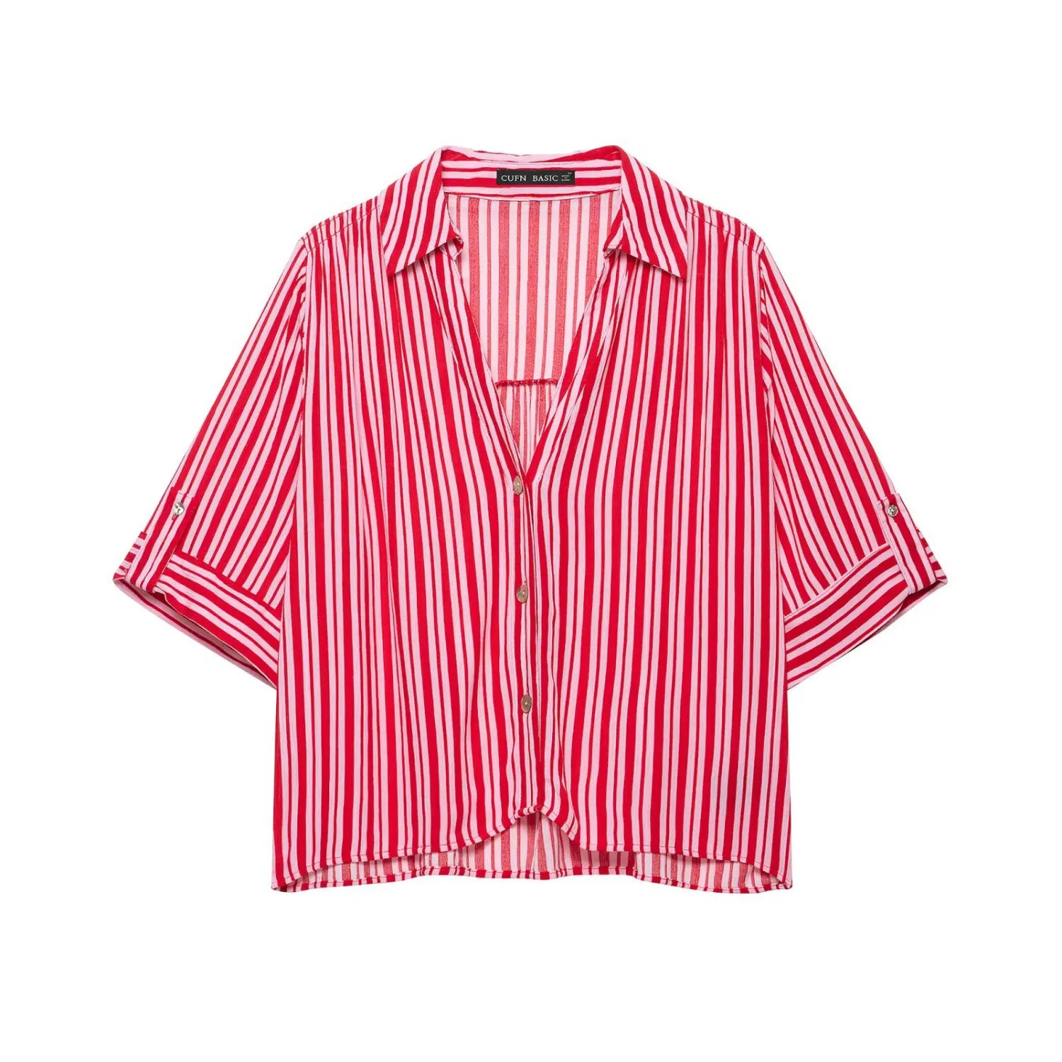 Studio white background full front shot of red pink vertical stripe cropped shirt, lapel notched v neck, partial button placket, roll tab short sleeves, relaxed cropped hem
