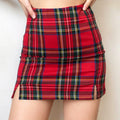 Model front view, red scottish tartan mini skirt with dual side hem slits