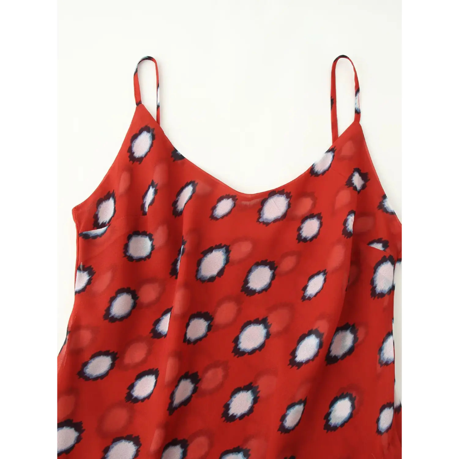 V-neck detail of red white polka dot chiffon spaghetti strap women dress